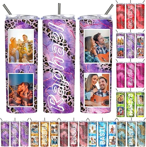 Vasos ajustados personalizados con tapas pajitas de 20 onzas diseño de mármol de guepardo de leopardo vasos delgados de acero inoxidable con nombre