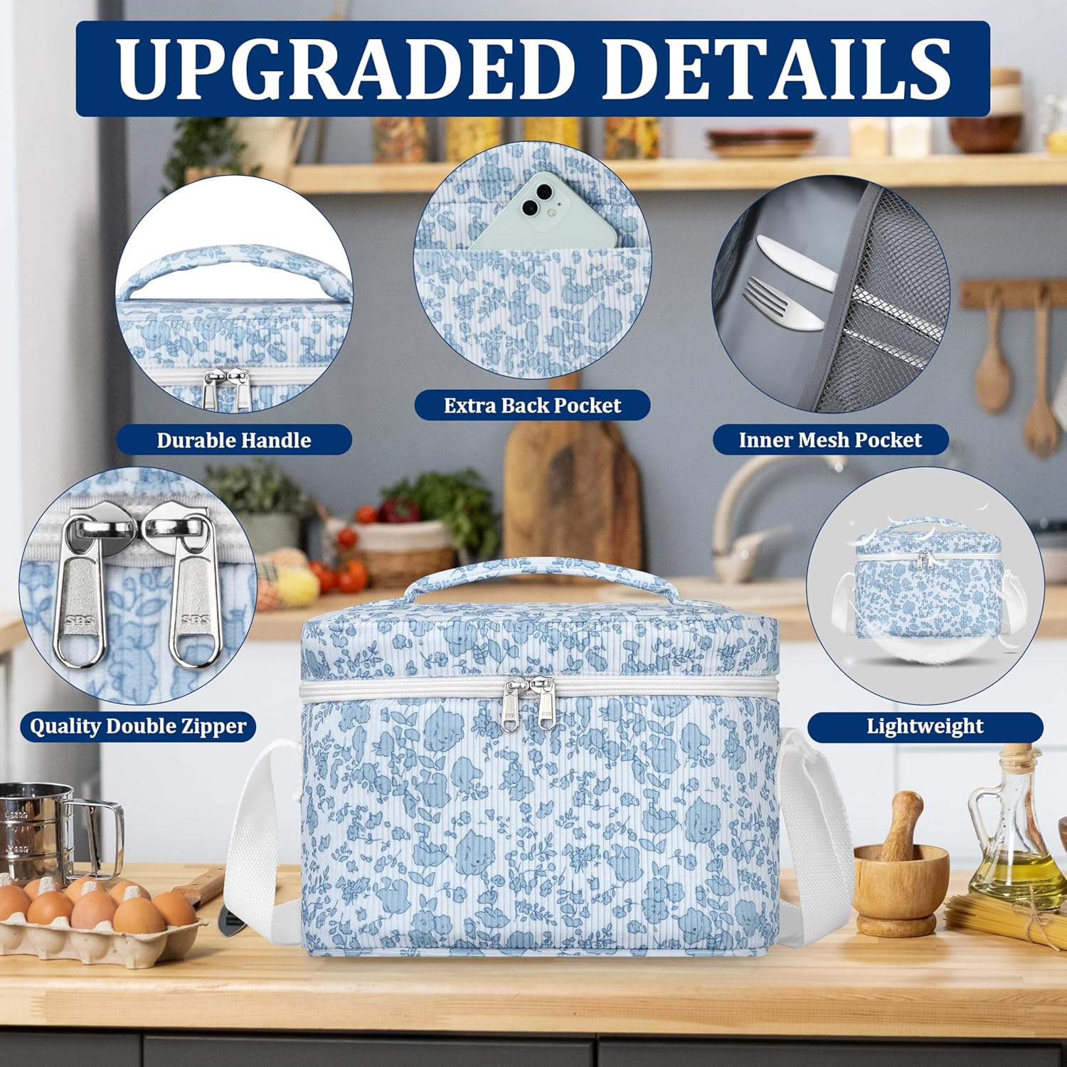 Insulated Lunch Bag for Women, Cute Corduroy Reusable Lunch Box for Adult, Leakproof Cooler Bag for Work Office Travel Picnic, Lunch Tote Bag with Adjustable Shoulder Strap (Blue Flower) - Image 4