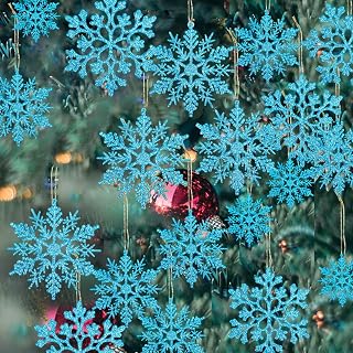36 Pack Plastic Blue Snowflake Ornaments Christmas Winter Decorations, Hanging Snowflake Decorations for Winter Wonderland Christmas Tree