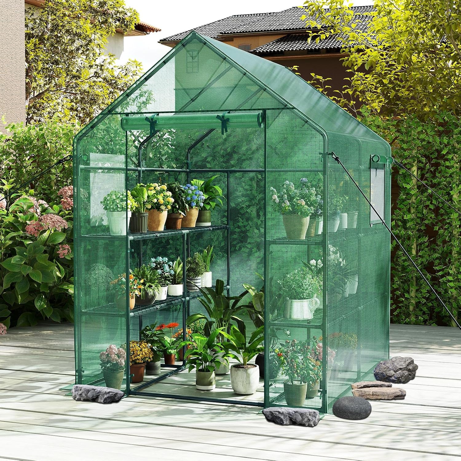 Giantex Walk-in Greenhouse, Gardening Plant Tent with Roll-Up Zippered Front Door and 2 Windows, Indoor & Outdoor Weather-Proof Canopy Cover, 2 Tiers and 8 Shelves, Anchors Included (57”Lx 57”Wx 77”H)