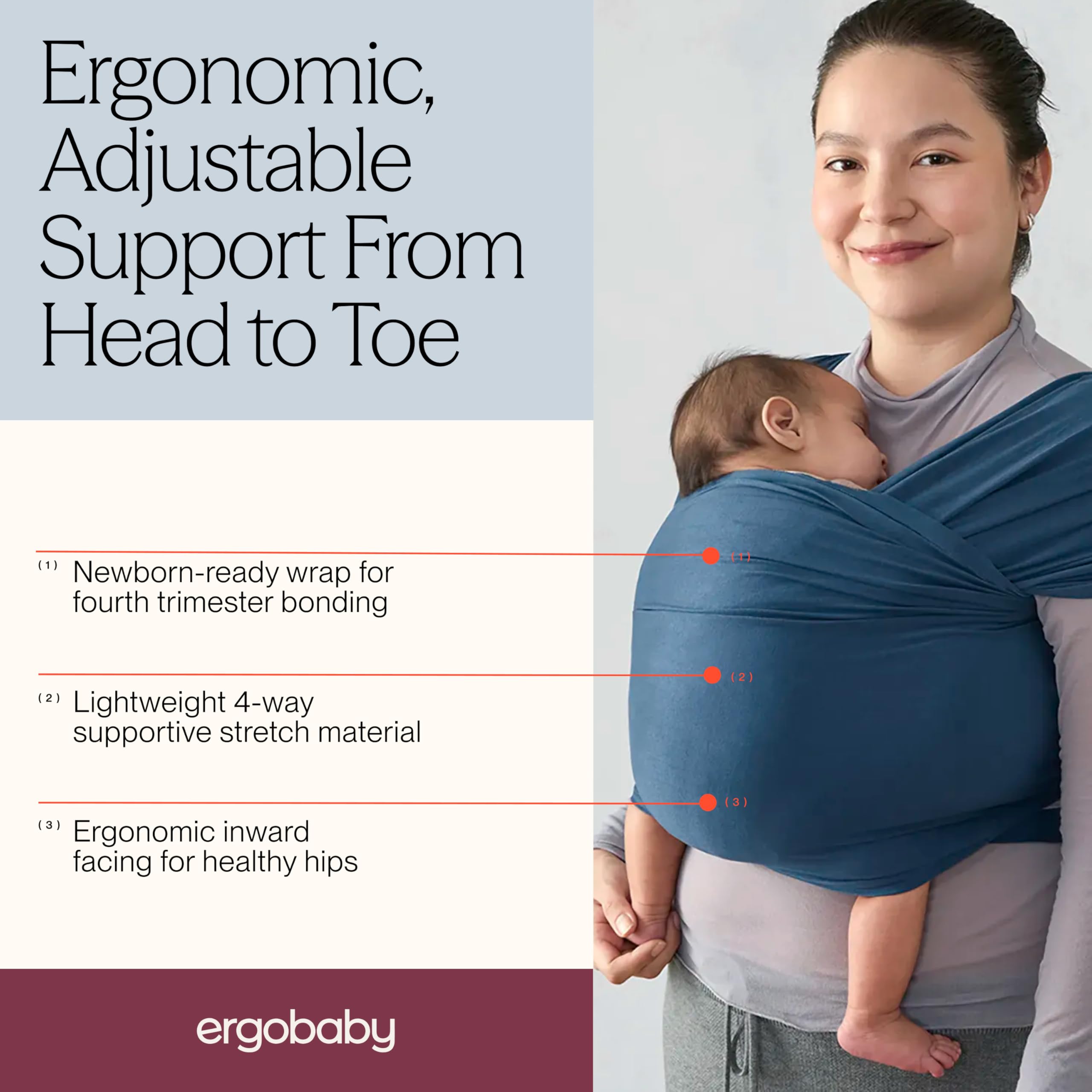 Ergobaby Chusta dla noworodków od urodzenia do 11 kg, dzianinowa chusta Aura z tkanin pochodzących z recyklingu, elastyczna i oddychająca, uniseks, granatowa (Twilight Navy)