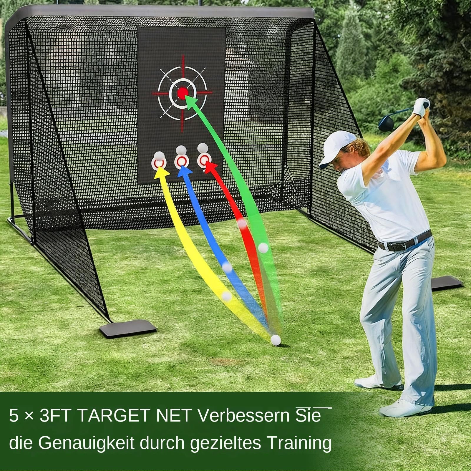 Golf-Übungsnetz, 300 x 210 cm großes Golfnetz mit Seitenbarrieren/automatischer Ballrückführung, geräuscharmer Zielscheibe, Tragetasche, 4 Heringen, Übungsnetz für Indoor/Outdoor-Training