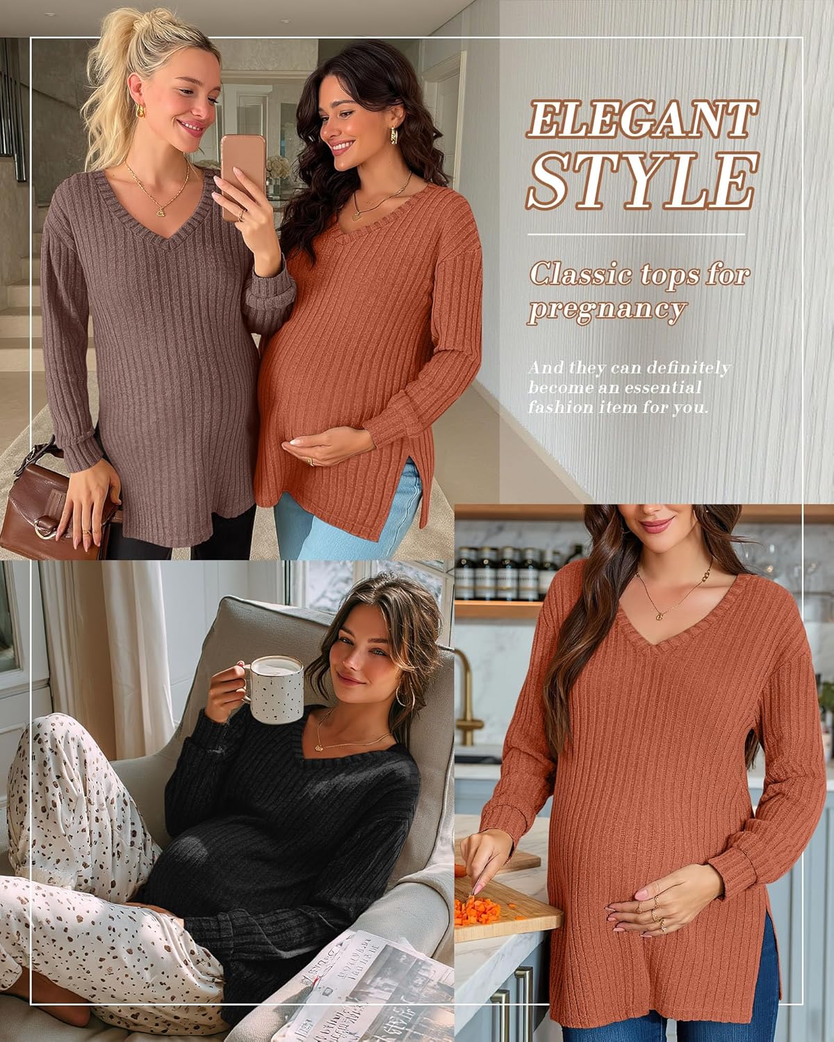 3 Pack Women's Ribbed Maternity Shirts, Long Sleeve V Neck Pregnancy Sweaters with Side Split Pregnant Clothes - Image 2