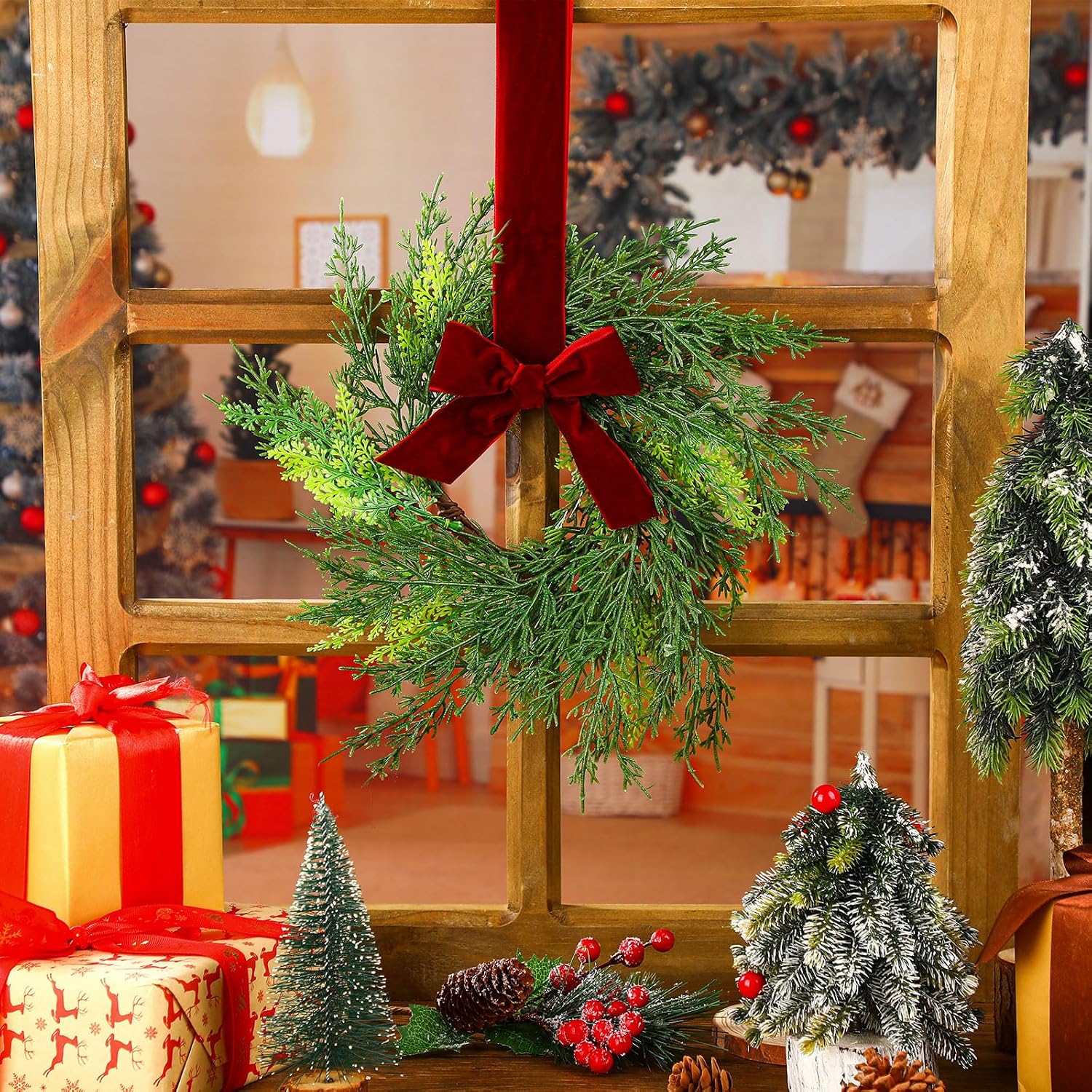 Crowye 6 Pcs Small Christmas Cedar Wreaths 15.7 Inch Hanging Christmas Kitchen Cabinet Mini Wreaths with Bow and Velvet Burgundy Red Ribbon for Door Chair Window Fireplace Xmas Home Decor