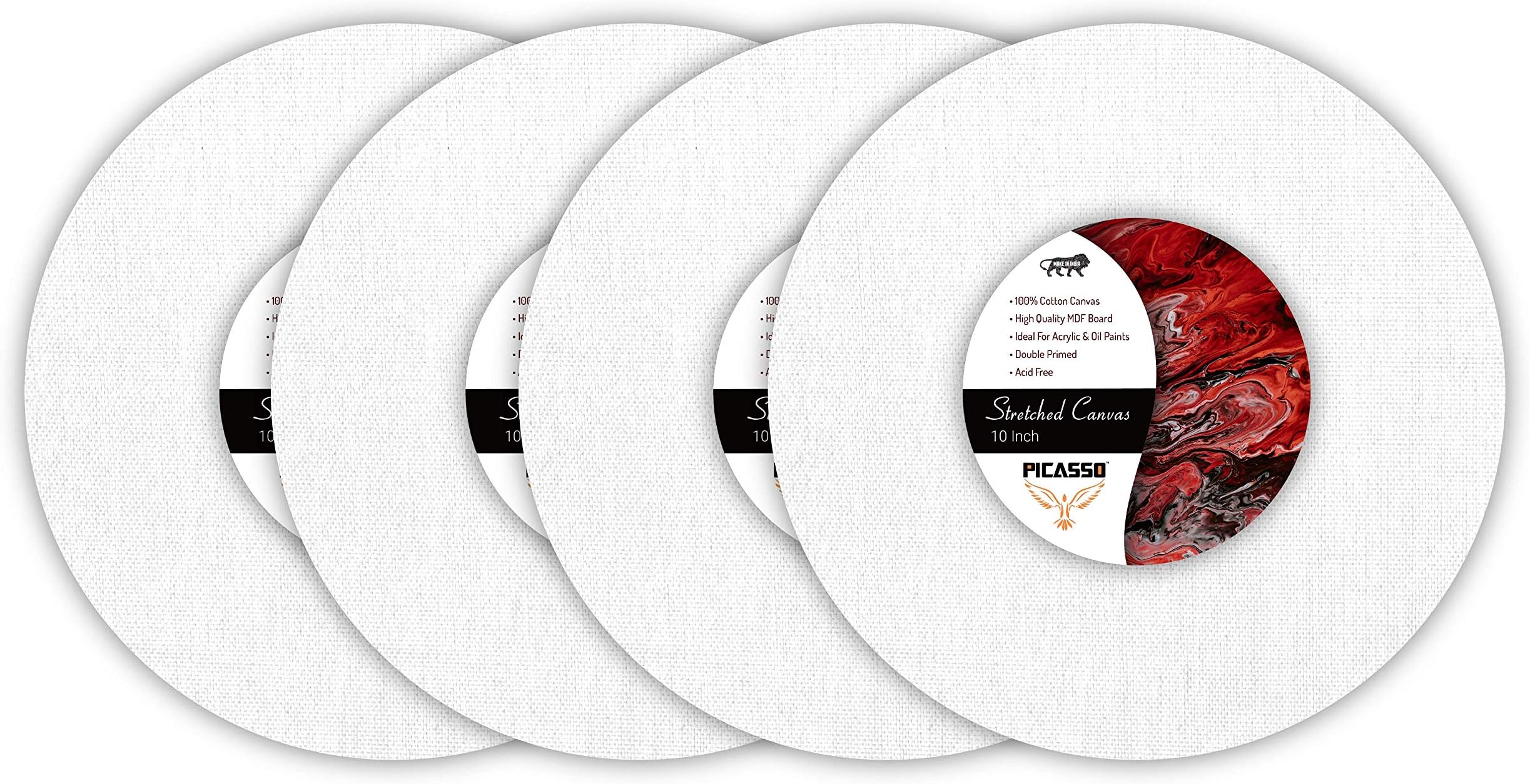 PICASSO Primed Cotton Pre Stretched Round Shape Canvas with Wooden Frame for Painting Acrylic, White, 12 mm MDF Pack of 4