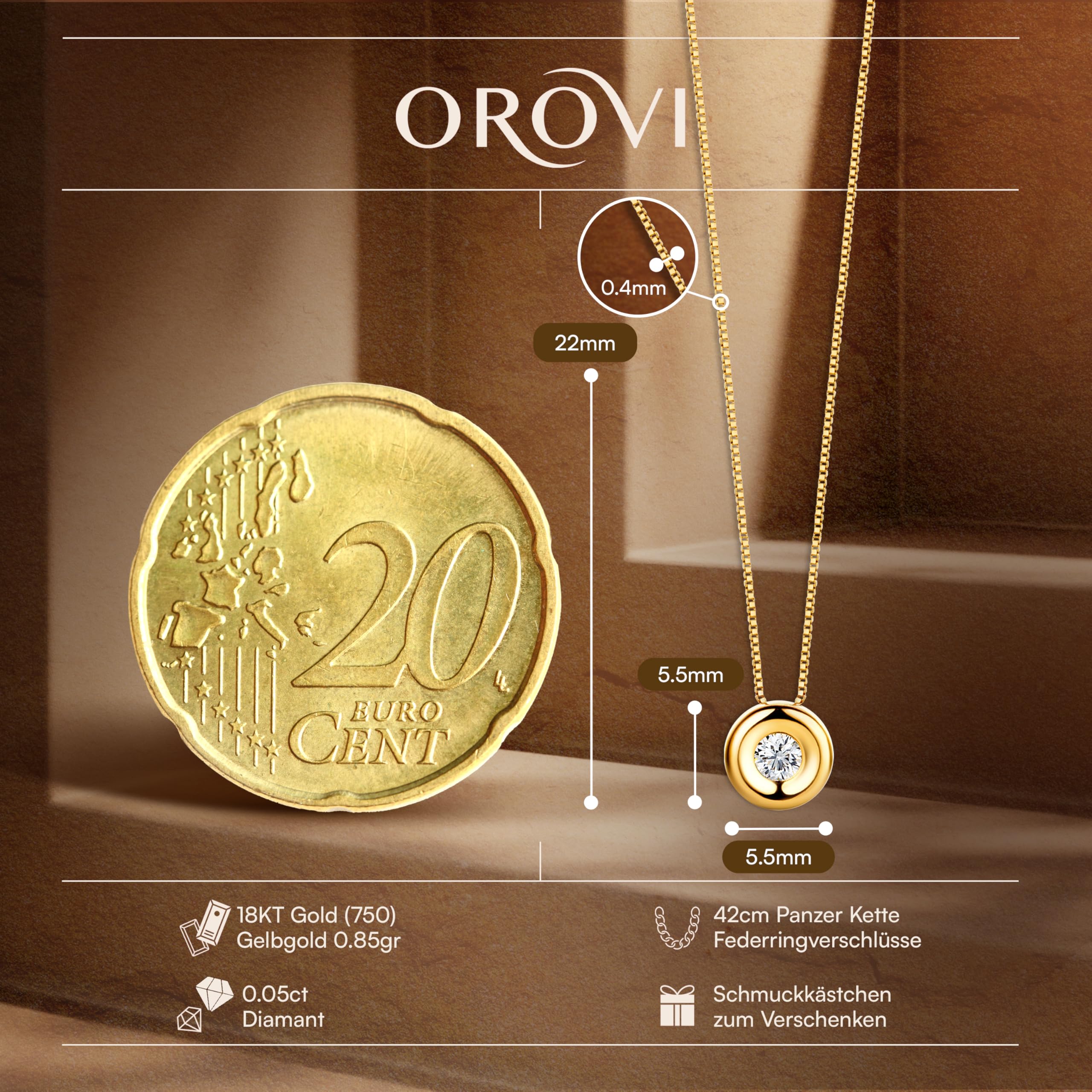 OROVI – Kette Damen aus 18 Karat (750) Weißgold/Gelbgold mit natürlichem Solitär Diamant Anhänger (0.05 Ct) in Zargenfassung – Luxus Edelstein Halskette Damen – Allergenfrei & handgemacht (42 cm)