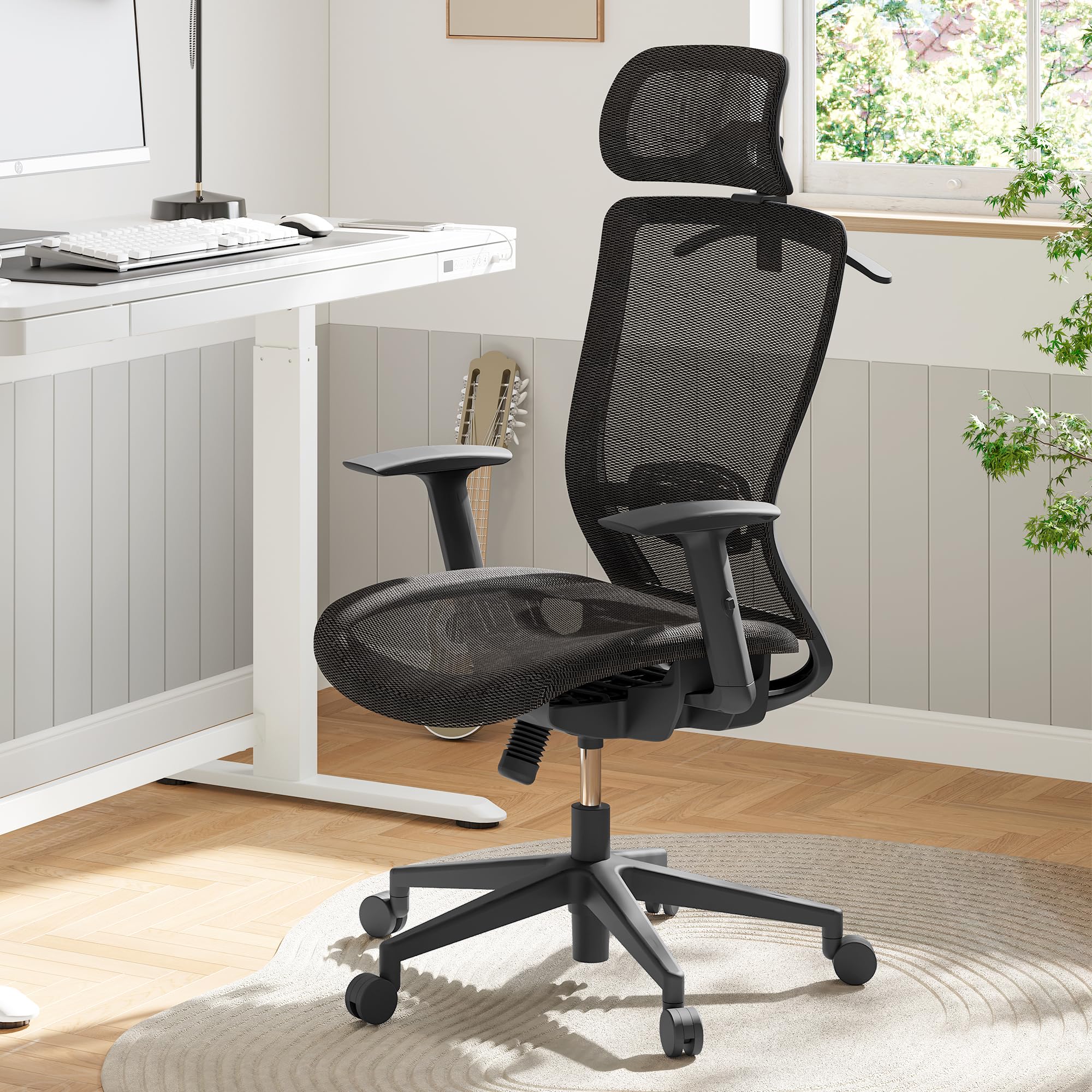 FLEXISPOTOC3 Ergonomic Office Chair With Hanger Mesh Desk Chair With Height Adjustable Seat Headrest Armrest Lumbar Support and Caster Wheels (Dark Black)