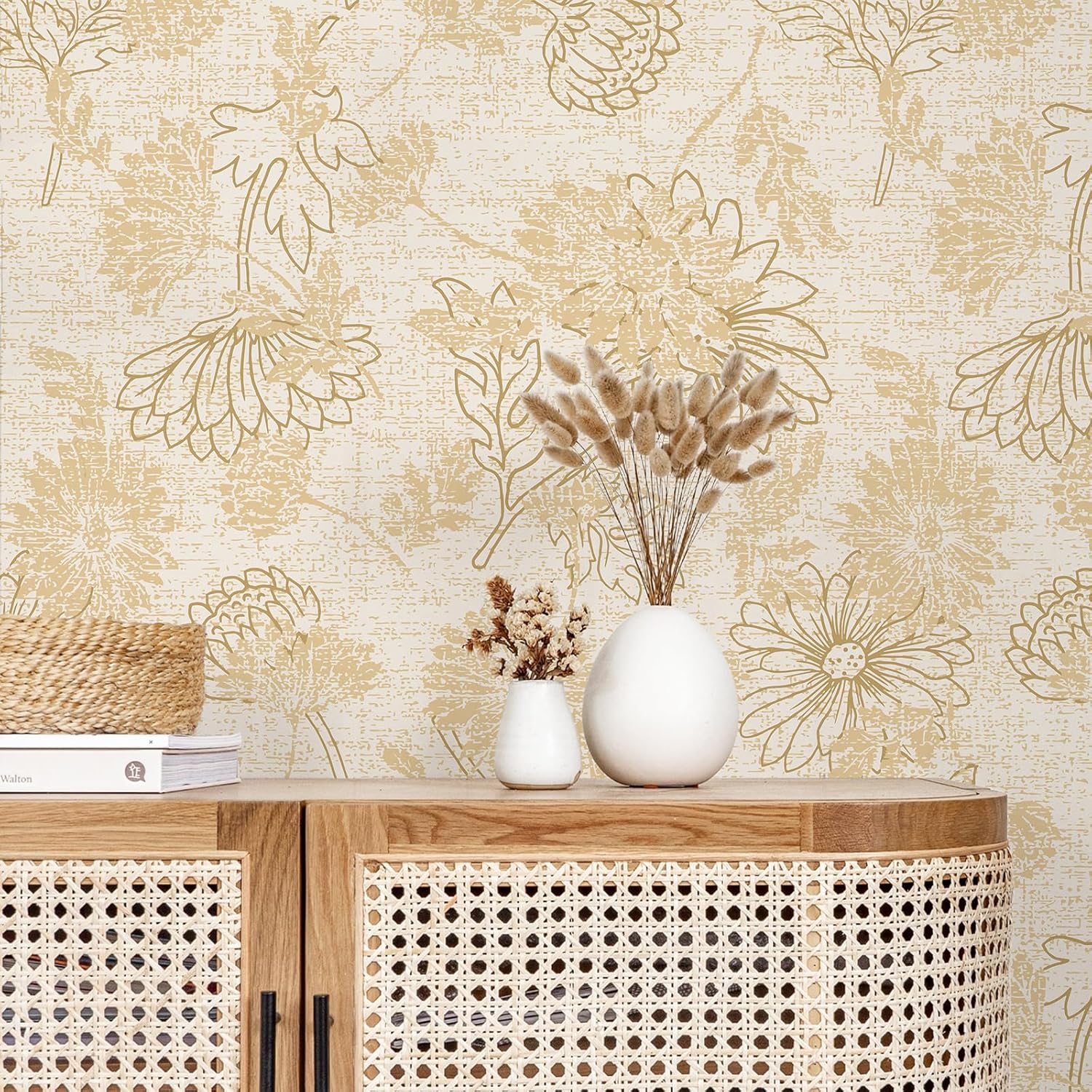 VEELIKE Rustic Gold Floral Peel and Stick Wallpaper Boho Daisy Dahlia Floral Wallpaper for Bedroom Bathroom 17.7''x118'' Temporary Self Adhesive Flower Wall Paper Contact Paper for Cabinets Drawers