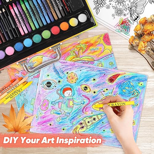 Miniatura 13 de Soucolor - Juego de pintura y dibujo, 183 piezas, kit de arte para colorear, estuche de regalo: crayones, pasteles al óleo, acuarelas en pastilla