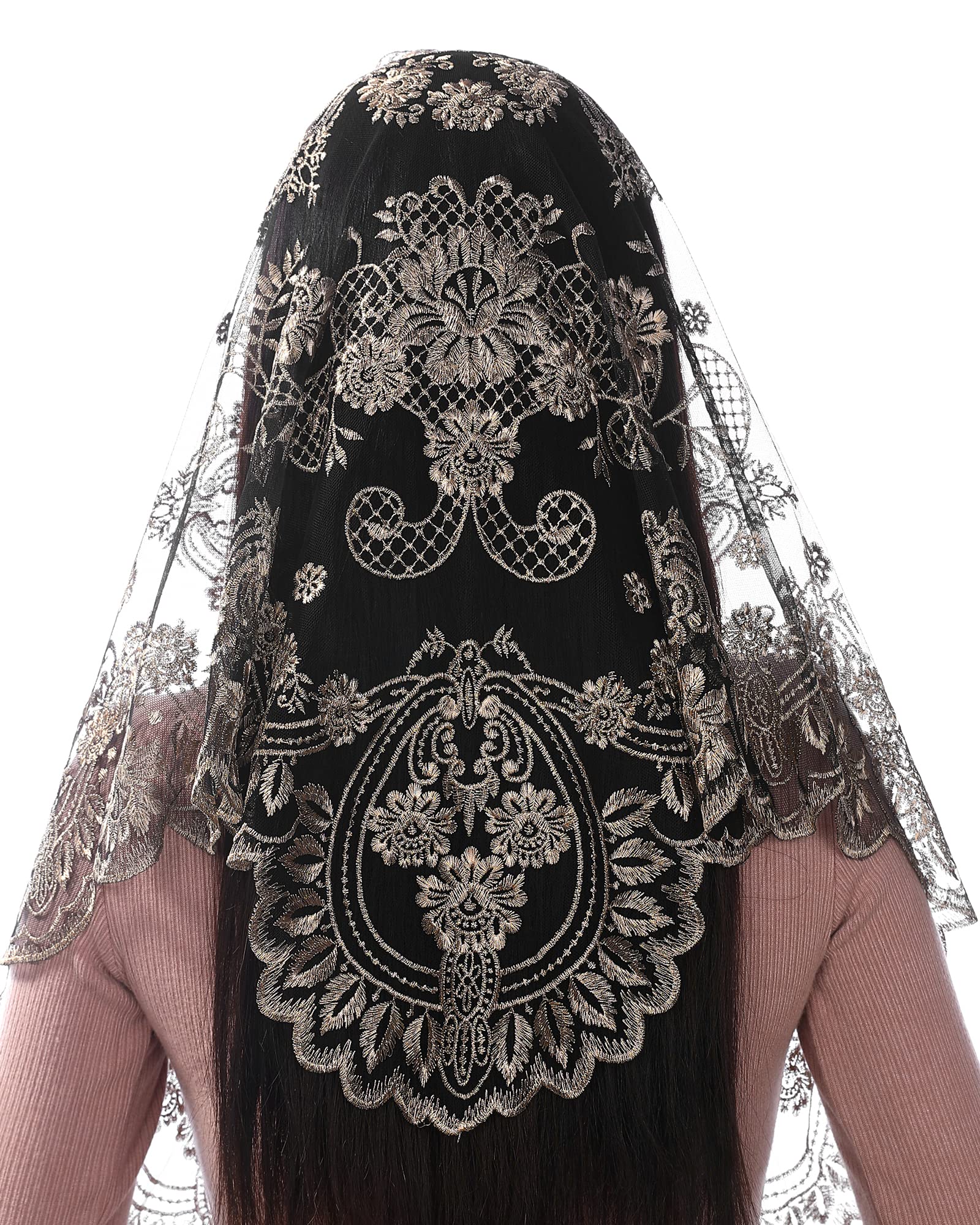 Bozidol Triangle Catholic Chapel Mantilla Veils - Short Camellia Embroidery Latin Mass Scarf Church Lace Veil with Gift Box