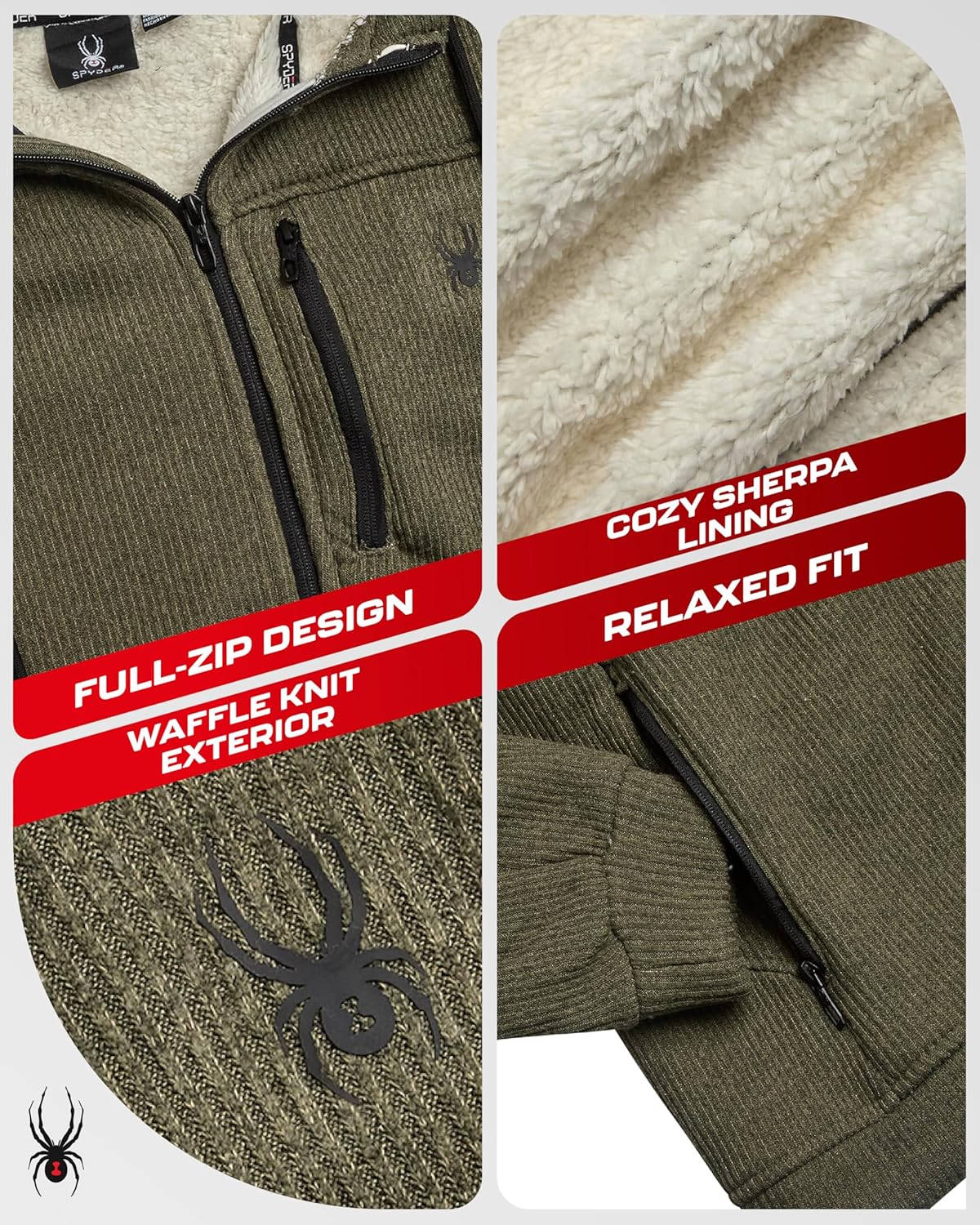 Spyder Mens Sherpa Fur Hoodie - Soft Stretch Waffle Knit Full Zip Up Hoodie Sweatshirt for Men with Cozy Sherpa Fleece Lining - Image 4