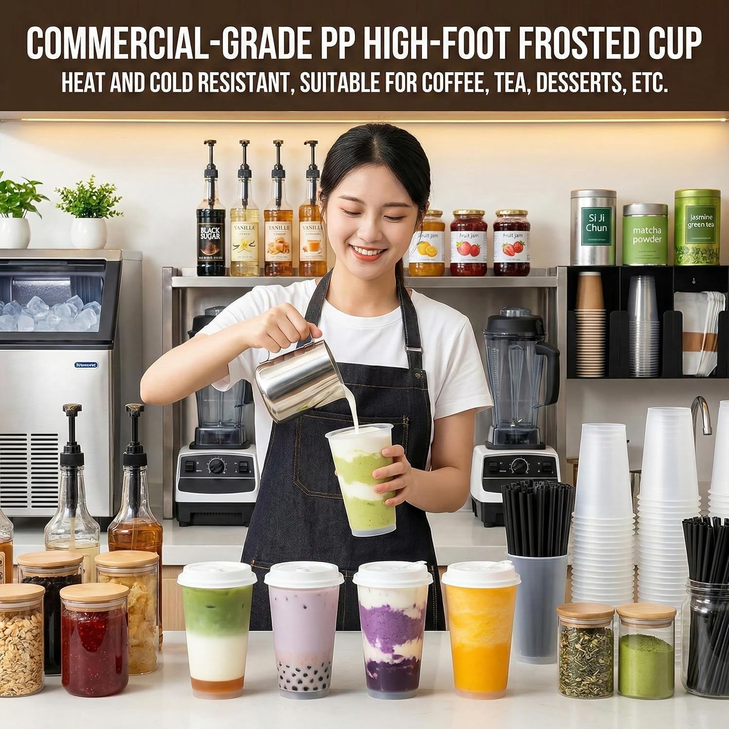 100sets Frosted Disposable Hard Plastic Cups with strawlids,Disposable Hard Bubble Boba Milk Tea To Go Cups,Cold Hot Plastic coffee Cup Lids Boba Tea Small Business Take Away(16, ounces)