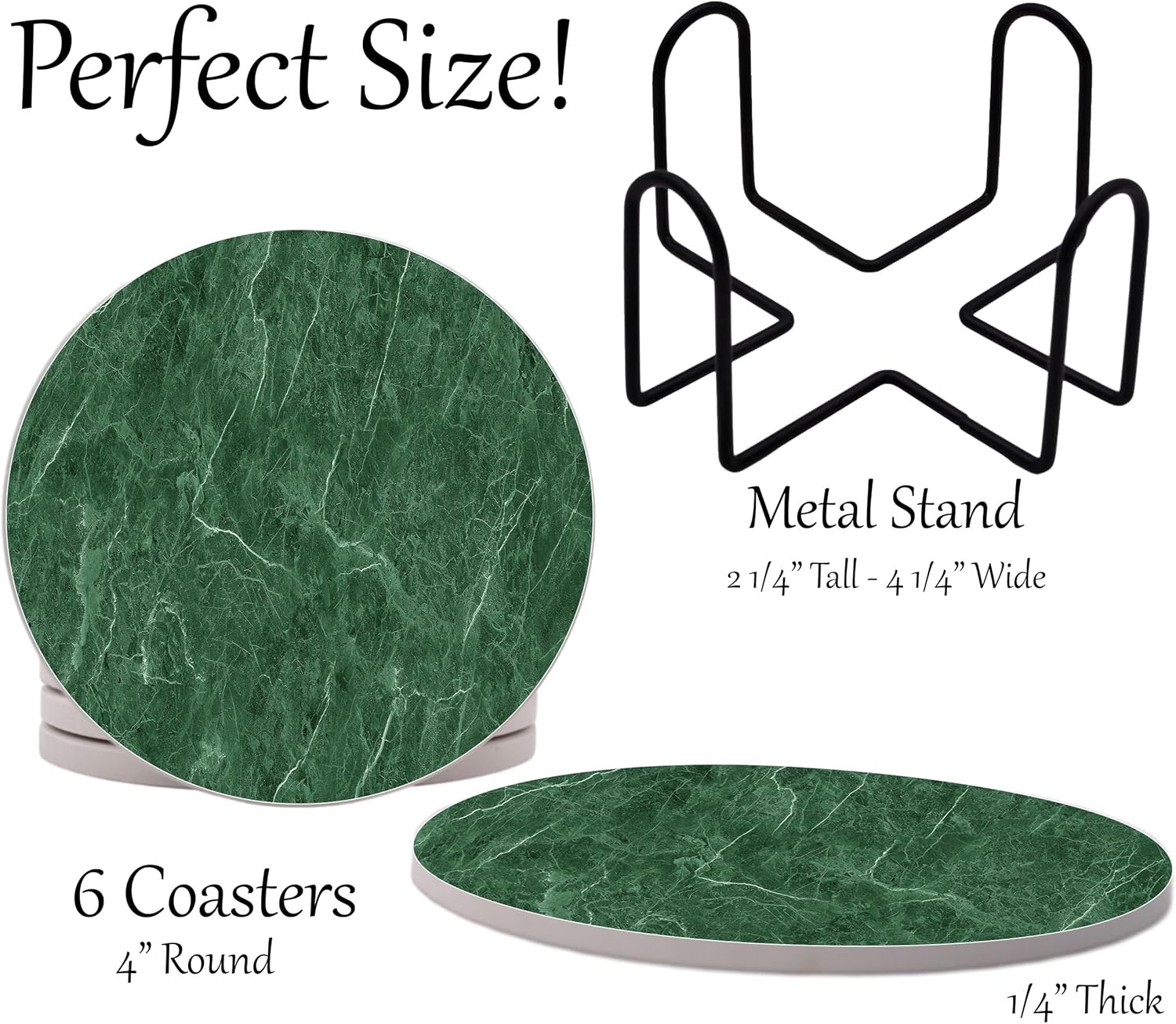 Dark Green Marble Round Coasters Set of 6 - Abosrbent Ceramic Coasters with Metal Stand for Drinks, Coffee, Non-Slip Cork Back for Tabletop Protection, 4 Inches Marbled Pattern (Green) - Image 2