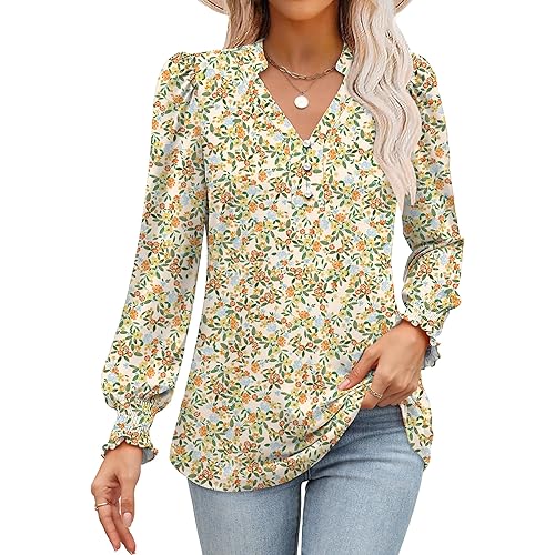 ANRABESS Womens Puff Long Sleeve Shirts Dressy Casual Blouses 2025 Fall V Neck Loose Fit Floral Business Work Tunic Tops