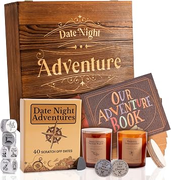 GreenCor Couples Date Night Adventure Gift Box Scratch-Off Date Ideas - Anniversary or Birthday Gifts for Girlfriend | Boyfriend - Vanilla and Lavender Candles | Decision Coin & Dice