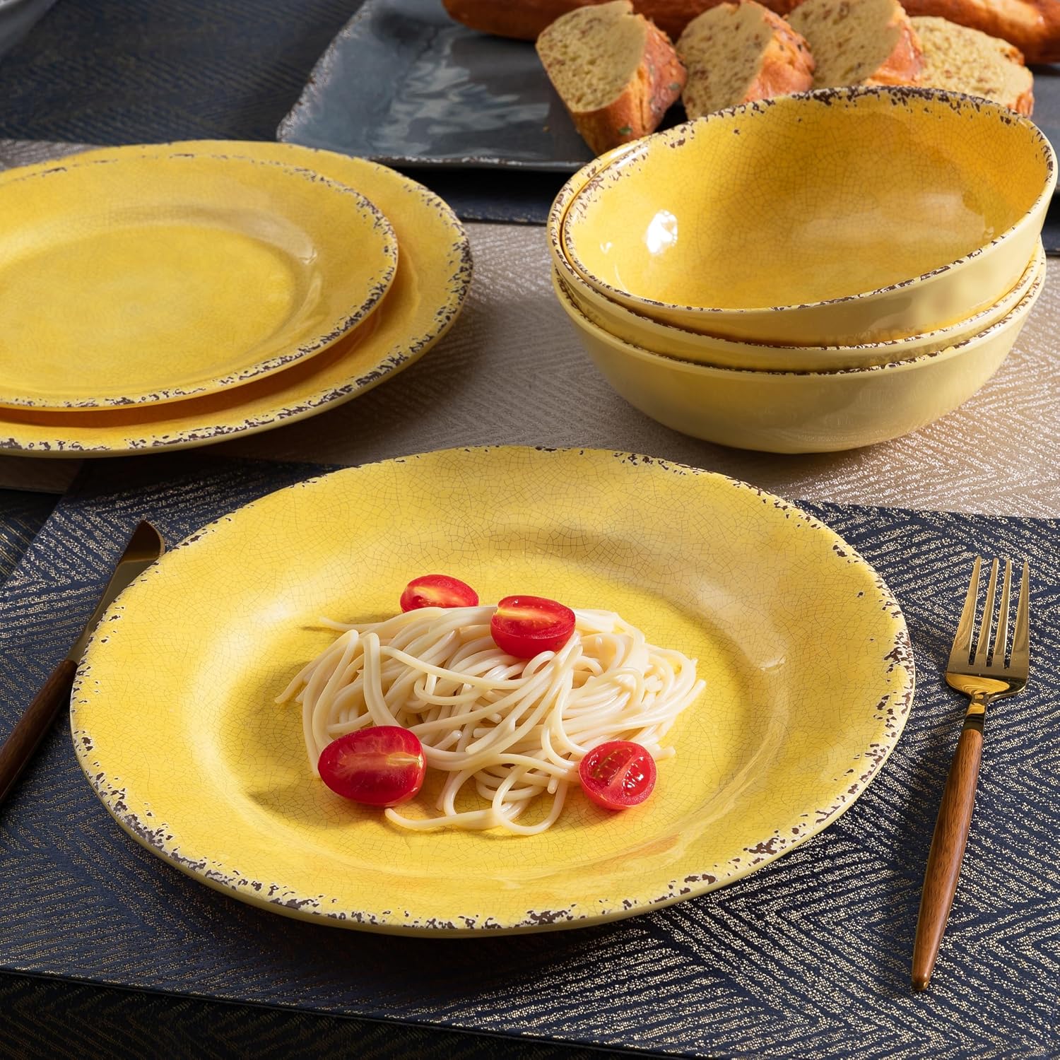 Farmhouse Melamine Dinner Plate Set, 6 Piece 11-inch Chip Resistant, Lightweight Round Kitchen Plates Set for Salad, Pasta –Unbreakable RV, Camping Dining Serving Dishes for Parties, Yellow…