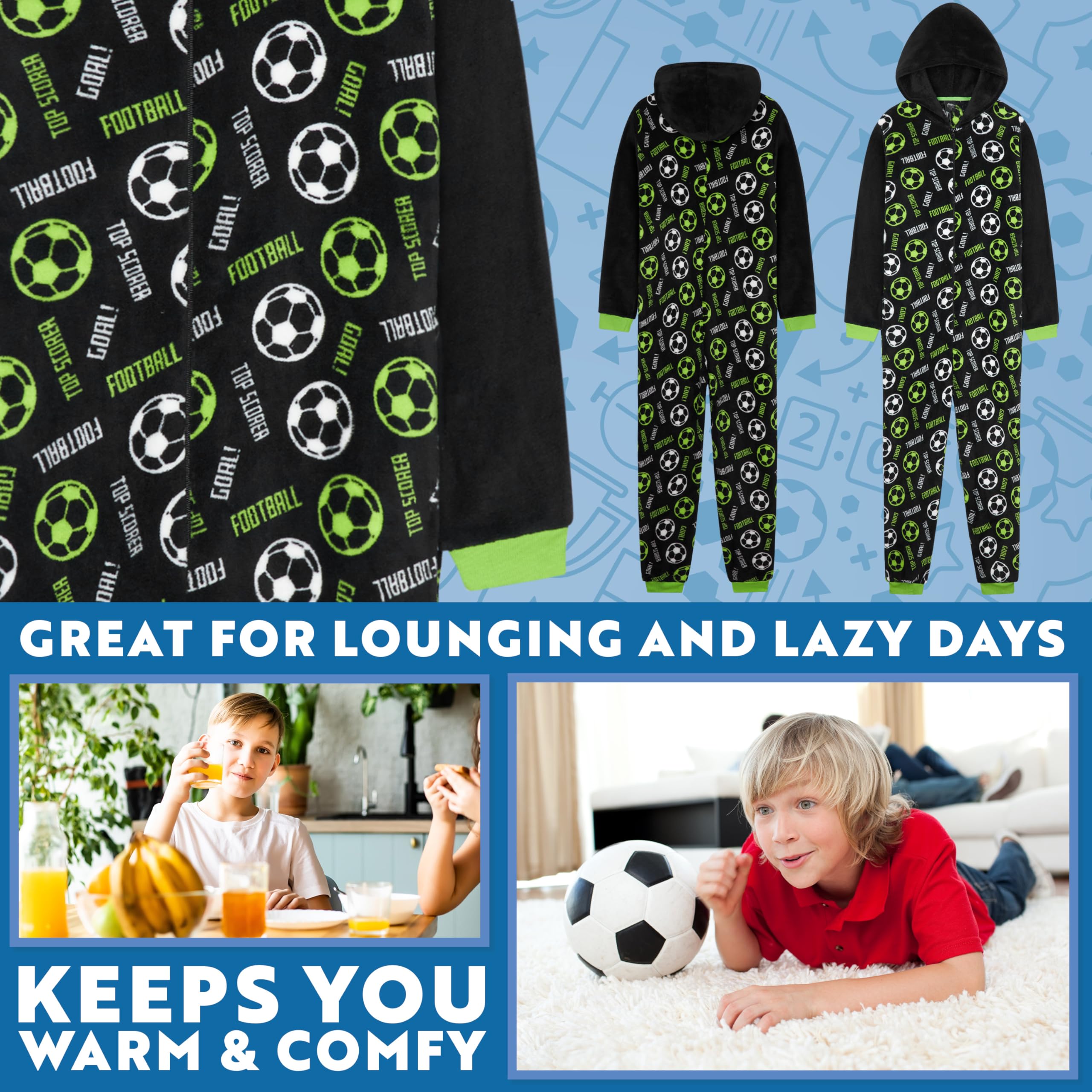 Get Trend Pijama Niño Entero Cremallera, Ropa de Dormir Adolescentes, Mono Cálido de Fútbol o Videojuegos con Capucha, Ideas Regalo