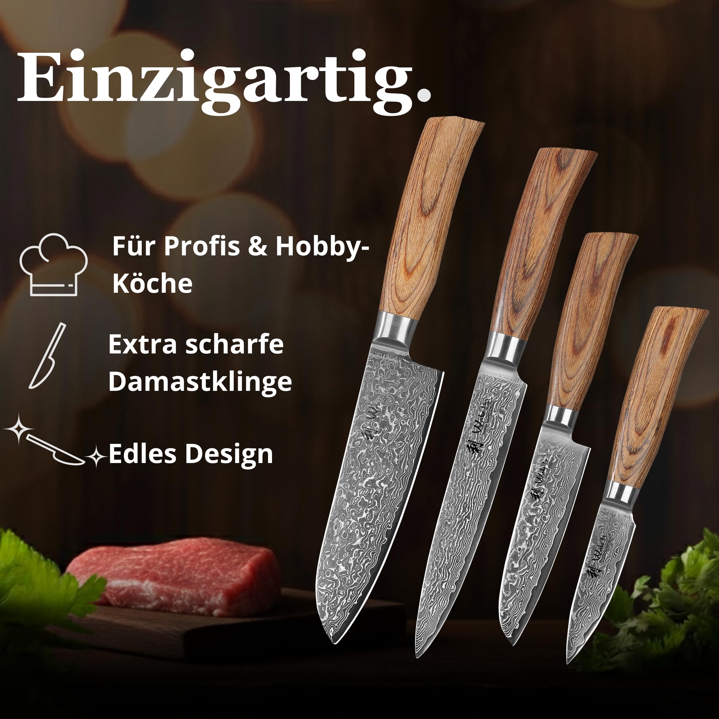 Wakoli EDIB Pro 4-teiliges Messerset aus 67 Lagen Damaststahl mit VG10 Kern | Fleischmesser, Santoku, kleines Santoku und Officemesser; Pakkaholzgriffe, Holzbox, 60 ± 2 HRC, für Fleisch, Fisch und Gemüse