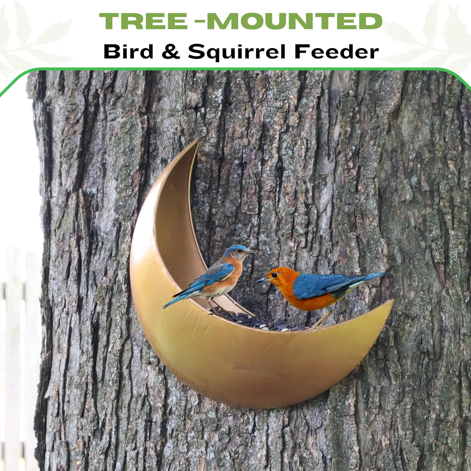 Fence & Tree Mounted Moon Bird Feeder – Cardinal, Squirrel Feeder, Rustic Gold Metal Wall Bird Feeder for Outdoors, Wild Bird Feeder for Bluebirds.