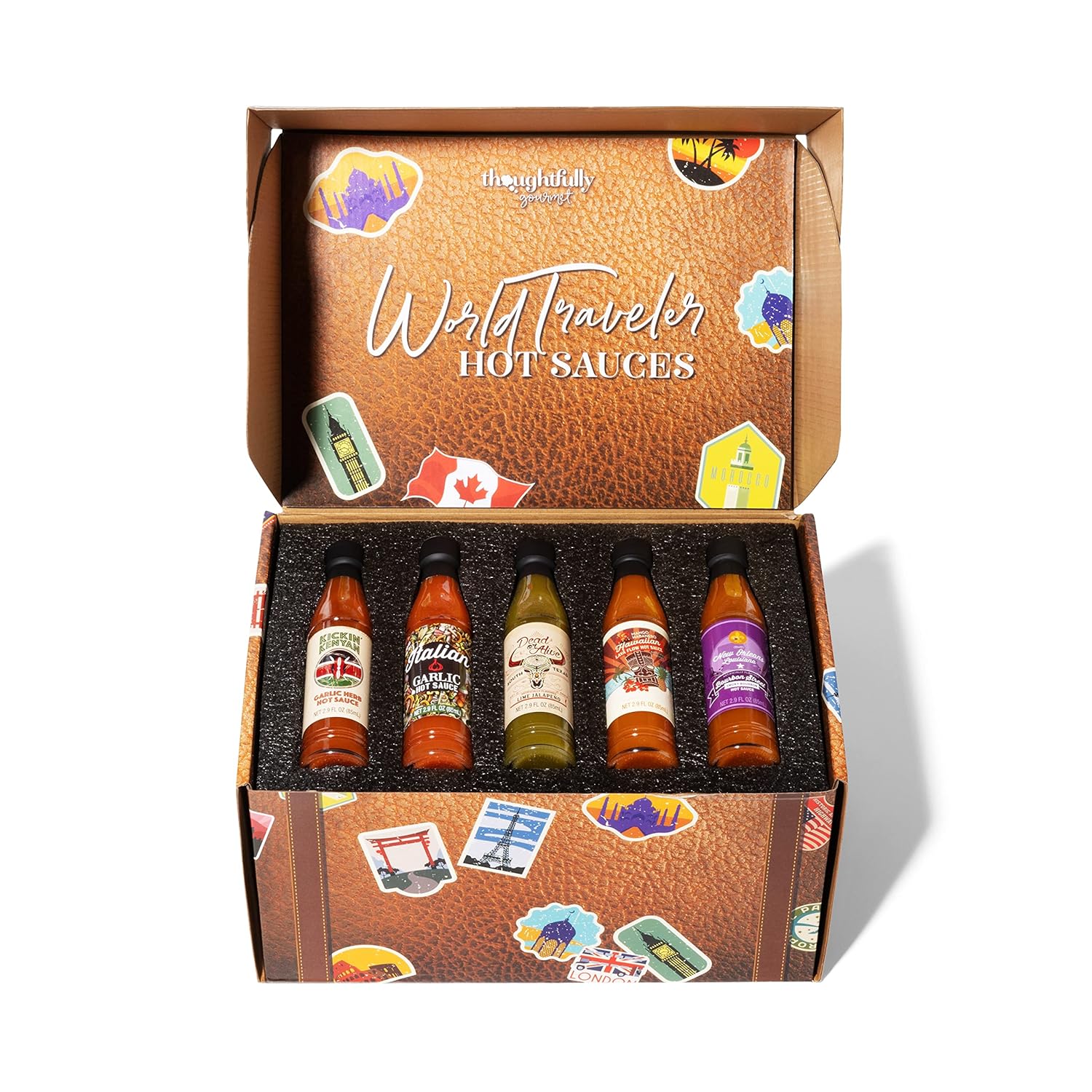 Thoughtfully Gourmet, World Traveler Suitcase Hot Sauce Gift Set, Vegan and Vegetarian, Flavors Like Cowboy Bacon, Italian Garlic, and More, Set of 15