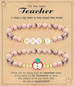 Teacher Appreciation Gifts for Women,Teacher Must Haves Initial Bracelet Mrs Miss End of Year Teacher Gifts Thank You for Helping Me Grow Music Math Science Teachers Bracelets Retirement 2 Set Jewelry