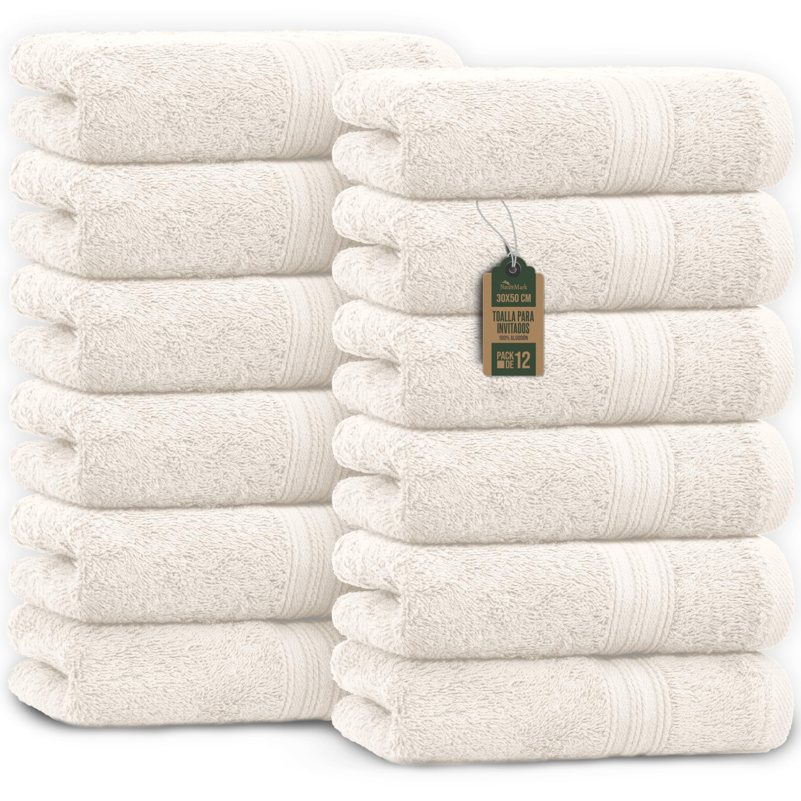 NatureMark Toallas de Invitado 30x50 cm Pack de 12 100% Algodón Oeko-Tex Suaves Absorbentes Natural/Crema