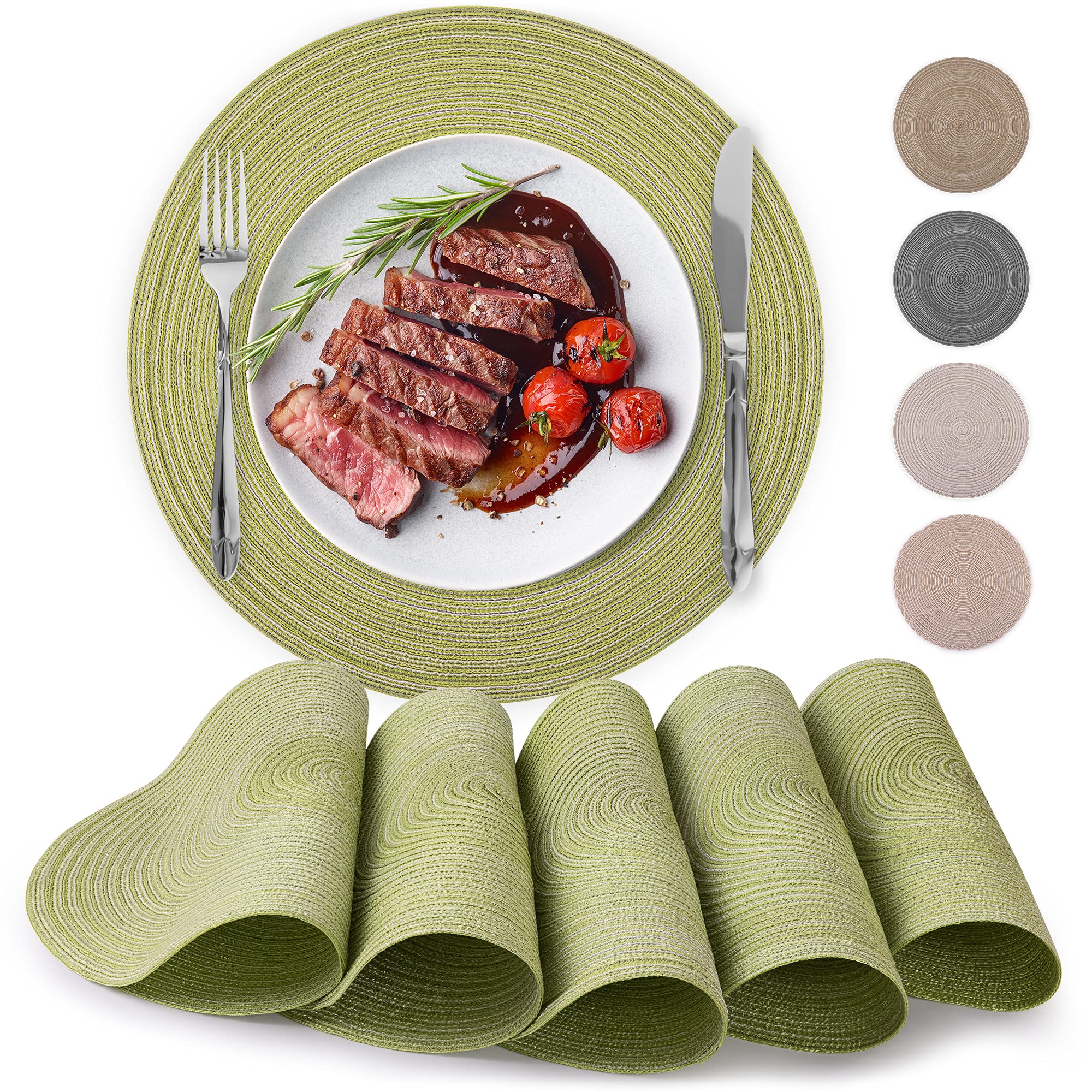 Zulay Kitchen 15 Inch Round Placemats for Dining Table Set of 6 - Braided Round Place Mats & Anti-Skid Placemat - Heat Resistant Round Woven Placemats & Table Mats for Dining (Green)