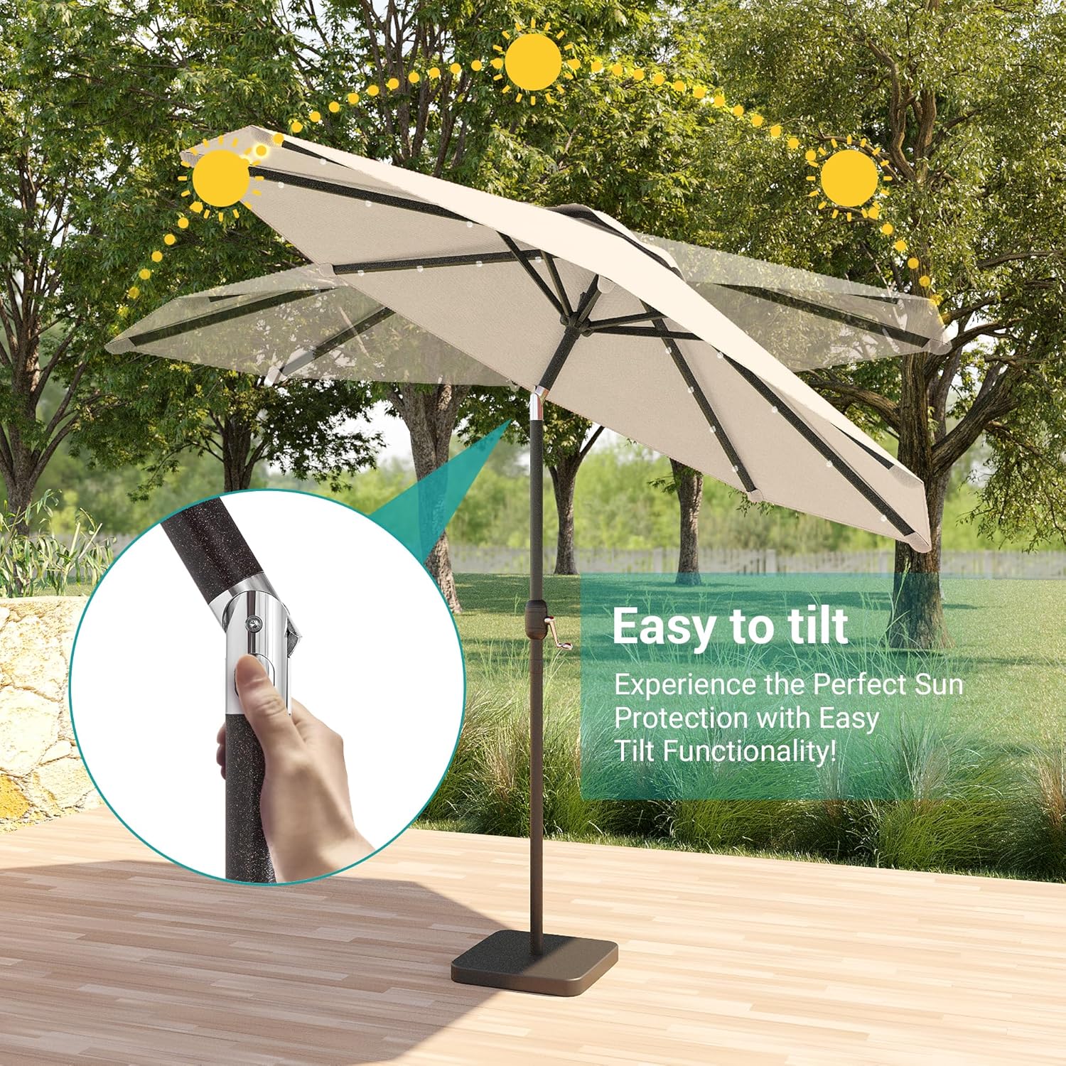 7.5ft Solar Patio Umbrella, Steel umbrella outdoor patio with Tilt and Crank, Waterproof Sunshade Canopy, 6 Ribs Outdoor Umbrella for Garden Deck Backyard Pool,Taupe