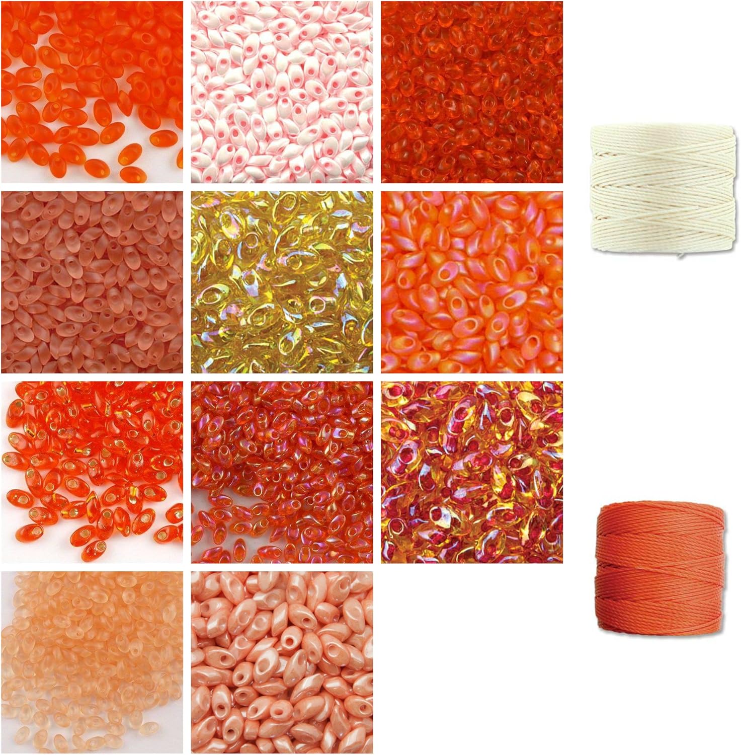 110g Grams Long Magatama Bead Mix, Miyuki Orange, Salmon, Gold, Rose, Peach, Pink Amber. 11 Colors, 10g Each Plus 2 spools Cord. Kumihimo, Braiding, Macrame. 1st Class Mail