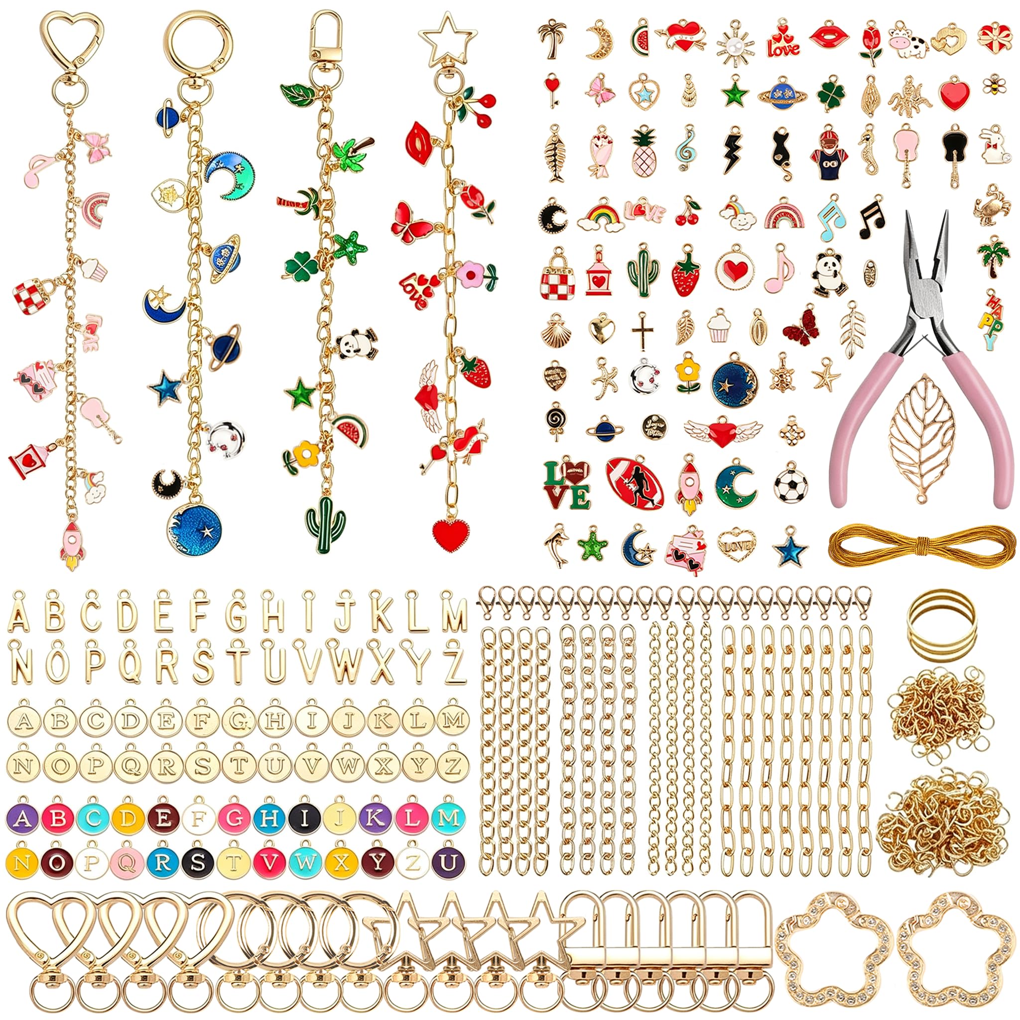 FIVAVA 625 Stk DIY Schlüsselanhänger Basteln Charms Anhänger Keychain Set | Voll Bastelzubehör für Anfänger, Mach Schlüssel, Taschen, Handy-Anhänger, Geeignet für Frau-DIY & Persönliche Geschenke
