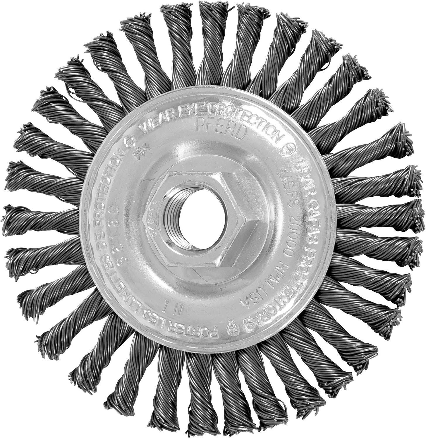 PFERD 82186 Power Knot Tekerlek Fırçası Stringer Boncuk Bükümlü, Dişli Delik, Karbon Çelik Kıllar, 10,16 cm Çap, 0,06 cm Tel Boyutu, 5/8-11 Dişli, 2000 Maksimum RPM, 32 Düğüm