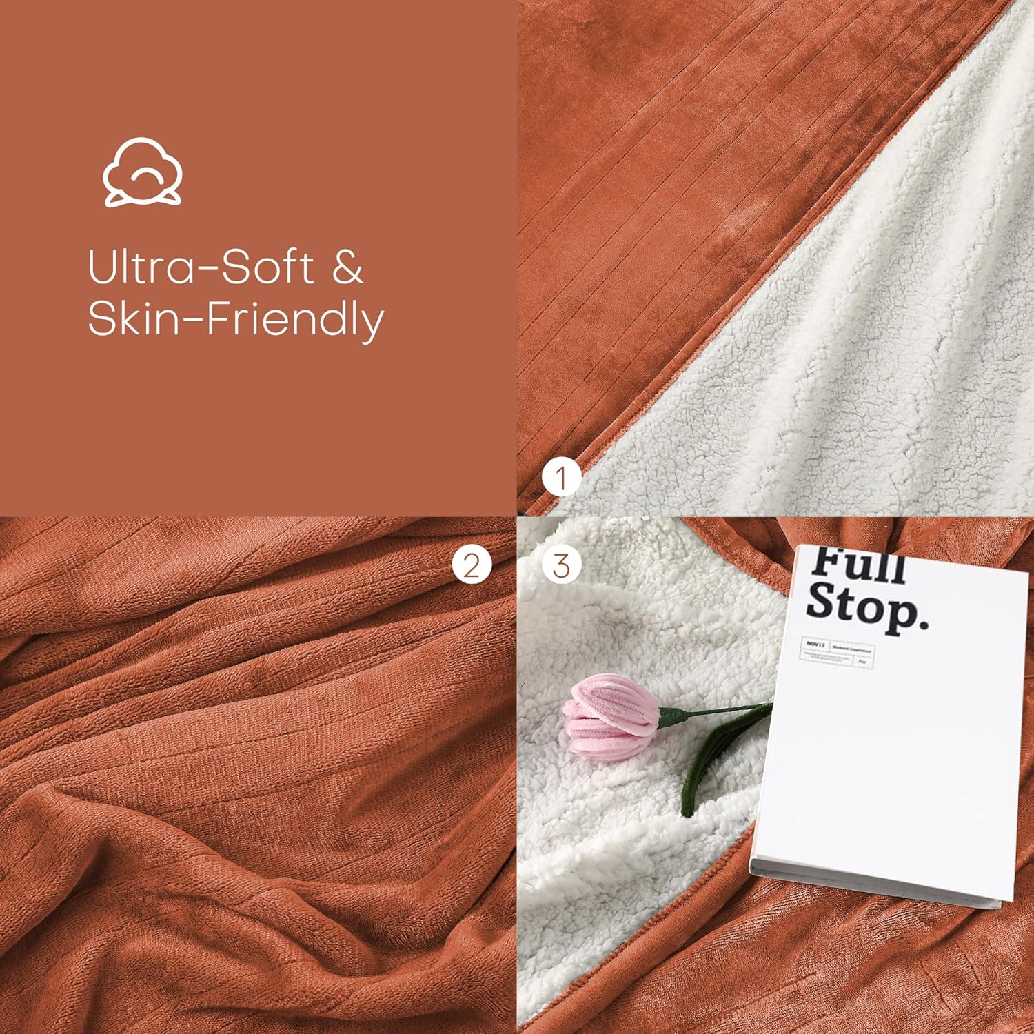 Electric Heated Blanket Throw Size 50"x60" - Flannel & Sherpa Fabric Dual-Sided, 6 Heat Settings & 1-3 Hours Auto Off, Soft & Cozy Warming Throw for Home, Office, or Bed, Machine Washable, Caramel - Image 2