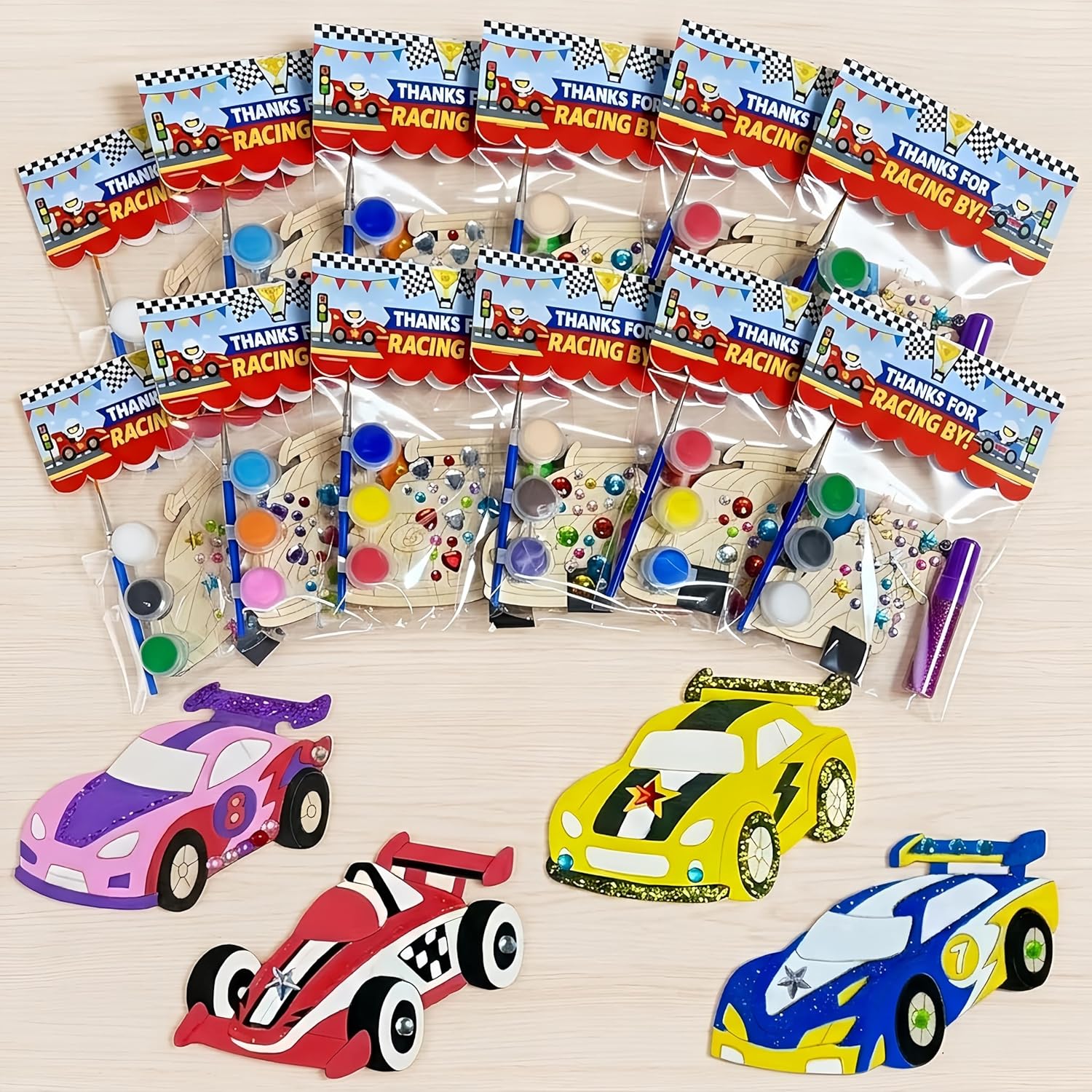 GEECOZYLIFE Race Car Party Favors for Kids - 12 Pack Individually Wrapped Paint Your Own Wooden Race Car Magnet Crafts - Racing Birthday Supplies, Classroom Activities, Goodie Bag Stuffers