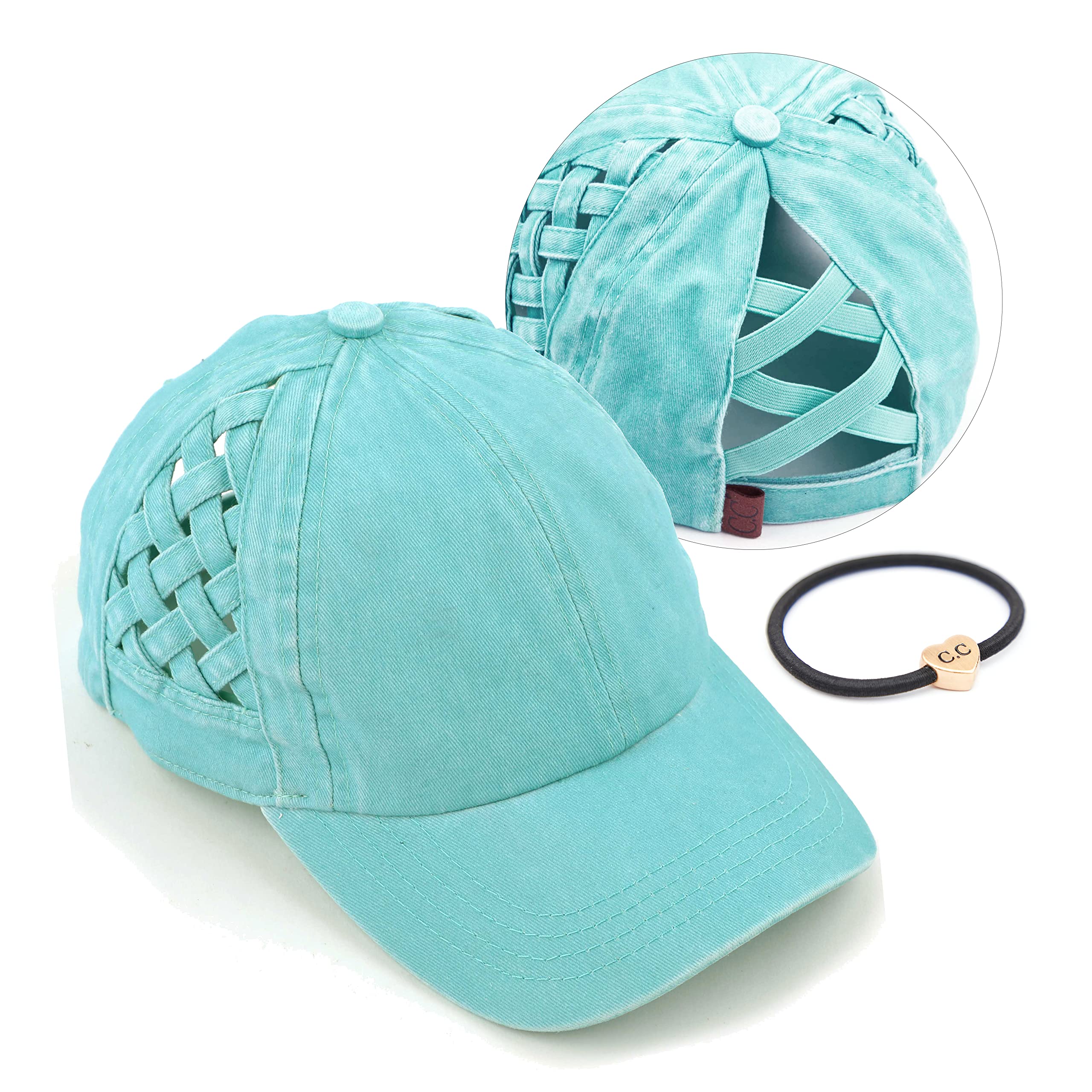 C.C Exclusives Washed Cotton Denim Basket Weave Criss-Cross Ponytail Baseball Cap