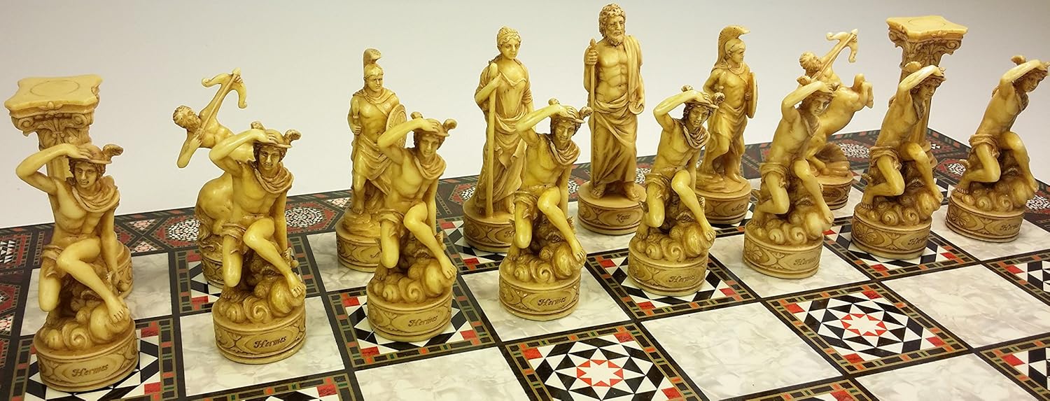 Greek Roman Mythology Gods Chess Set w/ 17" Mosaic Color Board