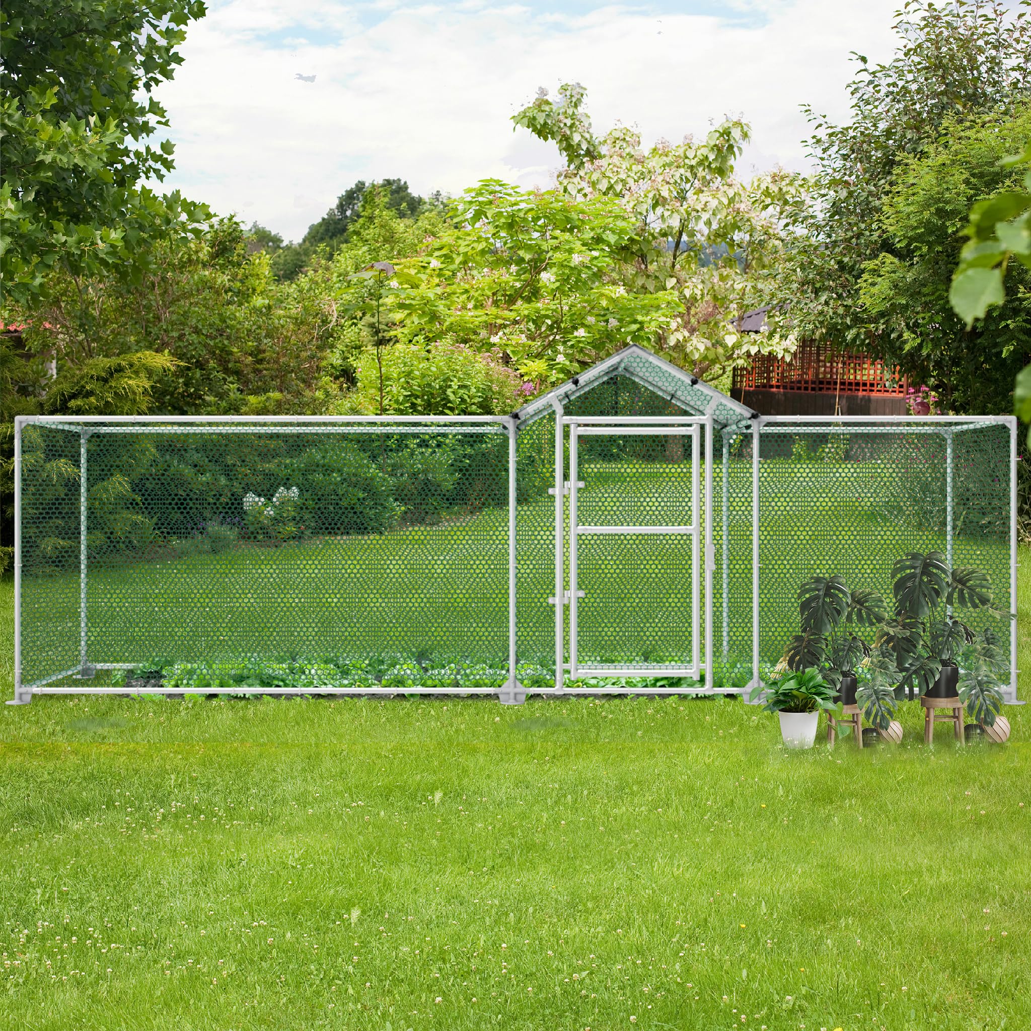 LILIIN Freilaufgehege Hühnerstall, Verzinkter Stahlrahmen Hühnerhaus, Außengehege für Haustierkäfig Vogelkäfig Kleintiere, mit Schloss und PVC-beschichtetes Schatten Dach, 400x100x150cm