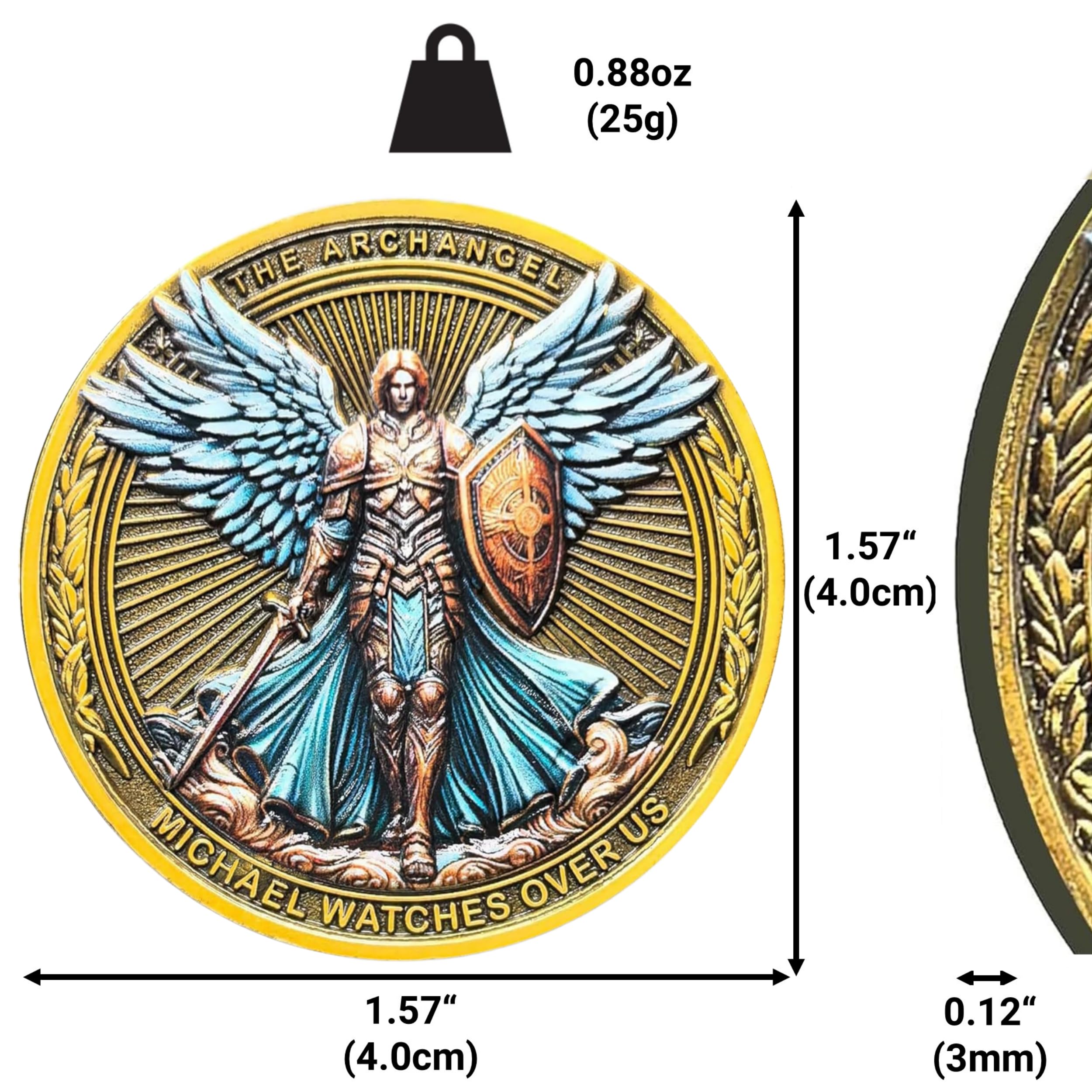 Pièce de Collection Religieuse « L’Archange Michel Veille sur Nous », fabriquée et bénie à la Main en Terre Sainte, Psaume 91:10-11, avec étui de Protection, l’Originale avec Pochette Cadeau