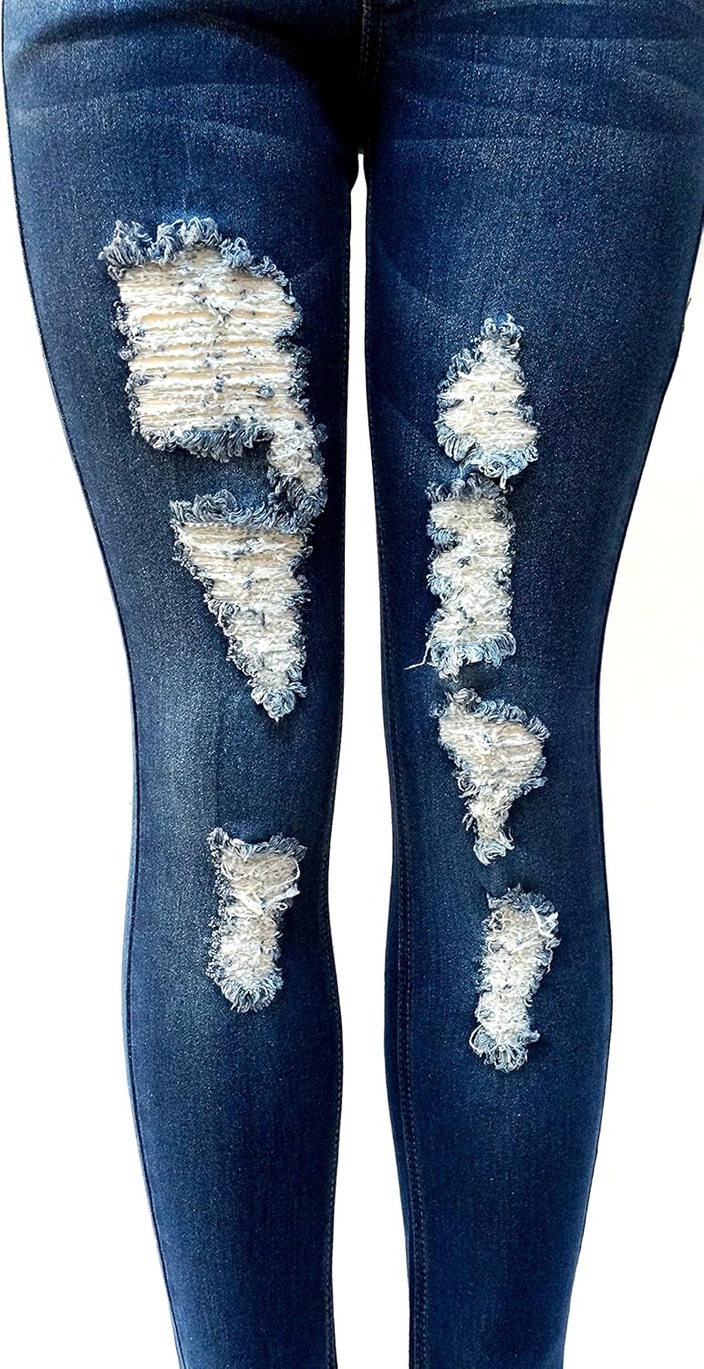 Jack David Womens Distressed Denim Jeans Ripped Blue Skinny Destroy Stretch Jean Pants (1, Jack David JD-R65B- Blue) - Image 2