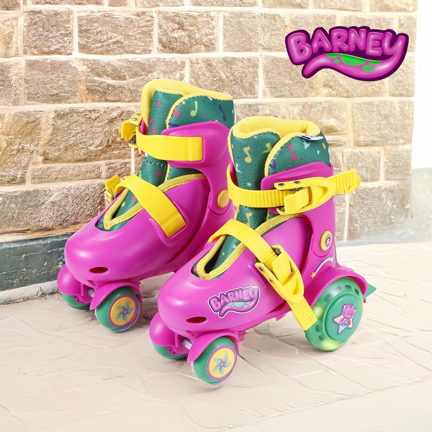 Close-up of a light-up wheel on Barney Kids Trainer Skates
