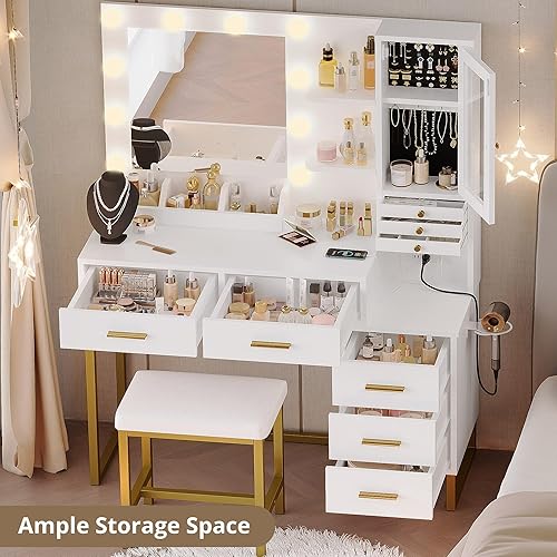 Miniatura 7 de IRONCK Escritorio de tocador con espejo y luces, mesa de tocador de maquillaje con 5 cajones y estantes, toma de corriente, taburete de tocador,