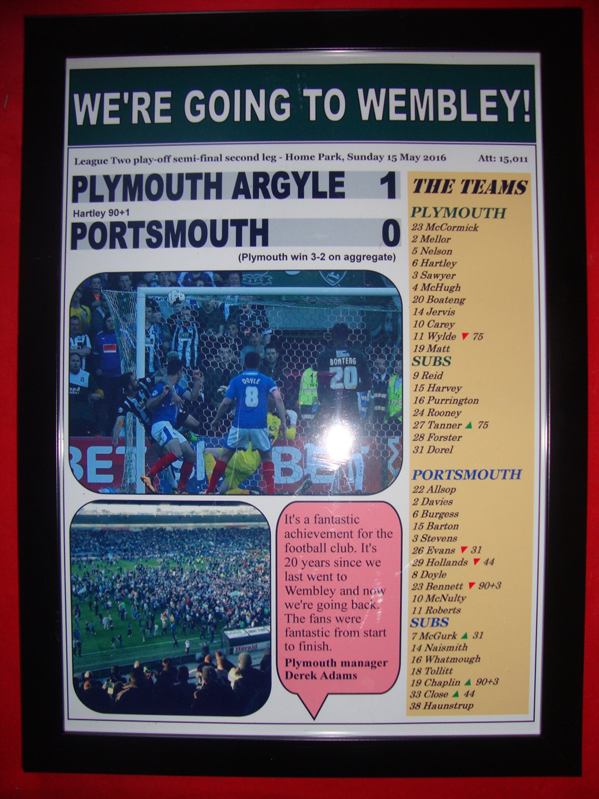 Lilywhite Multimedia Black Plymouth Argyle 1 Portsmouth 0 - 2016 League Two Play-Offs - Framed Print