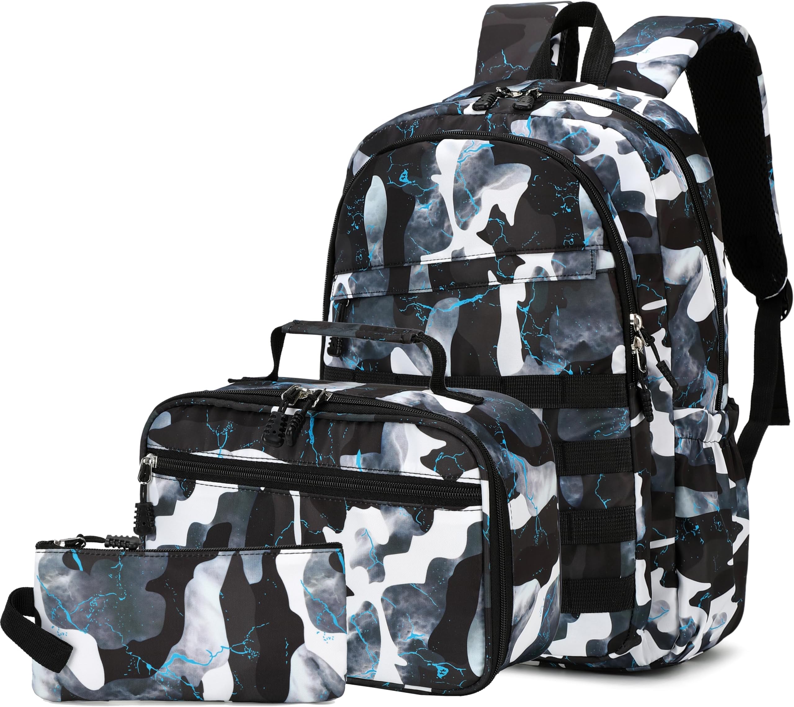 Boys Backpack with Lunch Box, Camo Kids Backpacks for Boys Elementary Middle School Bag Bookbag Outdoor Travel Back Pack (Camo Black Set, Small)