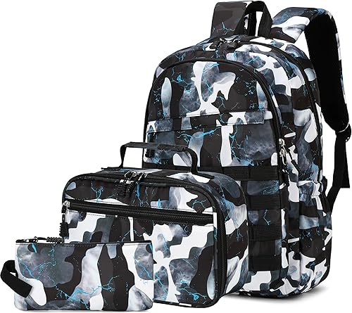Mochila para niños con lonchera, mochilas de camuflaje para niños para escuela primaria, bolsa de libros para viajes al aire libre (juego negro de