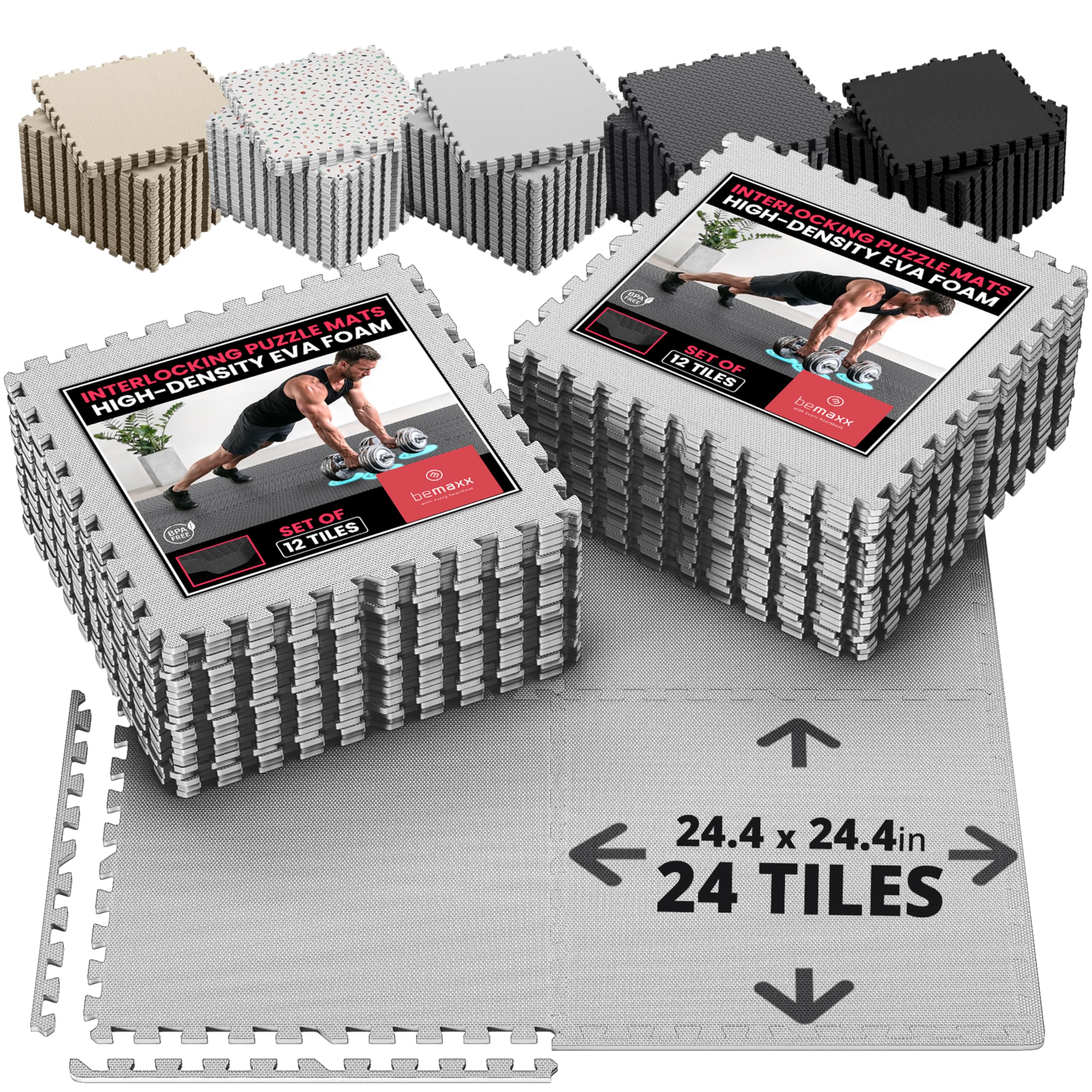 bemaxx Gym Mats Set - 24 pcs EVA Interlocking Foam Floor Tiles (24.4"x24.4"x0.4") 96 sqft Protective Gym Flooring Sports Home Workout Exercise Mats Puzzle Garage Fitness Play-Room Pool Treadmill Bike