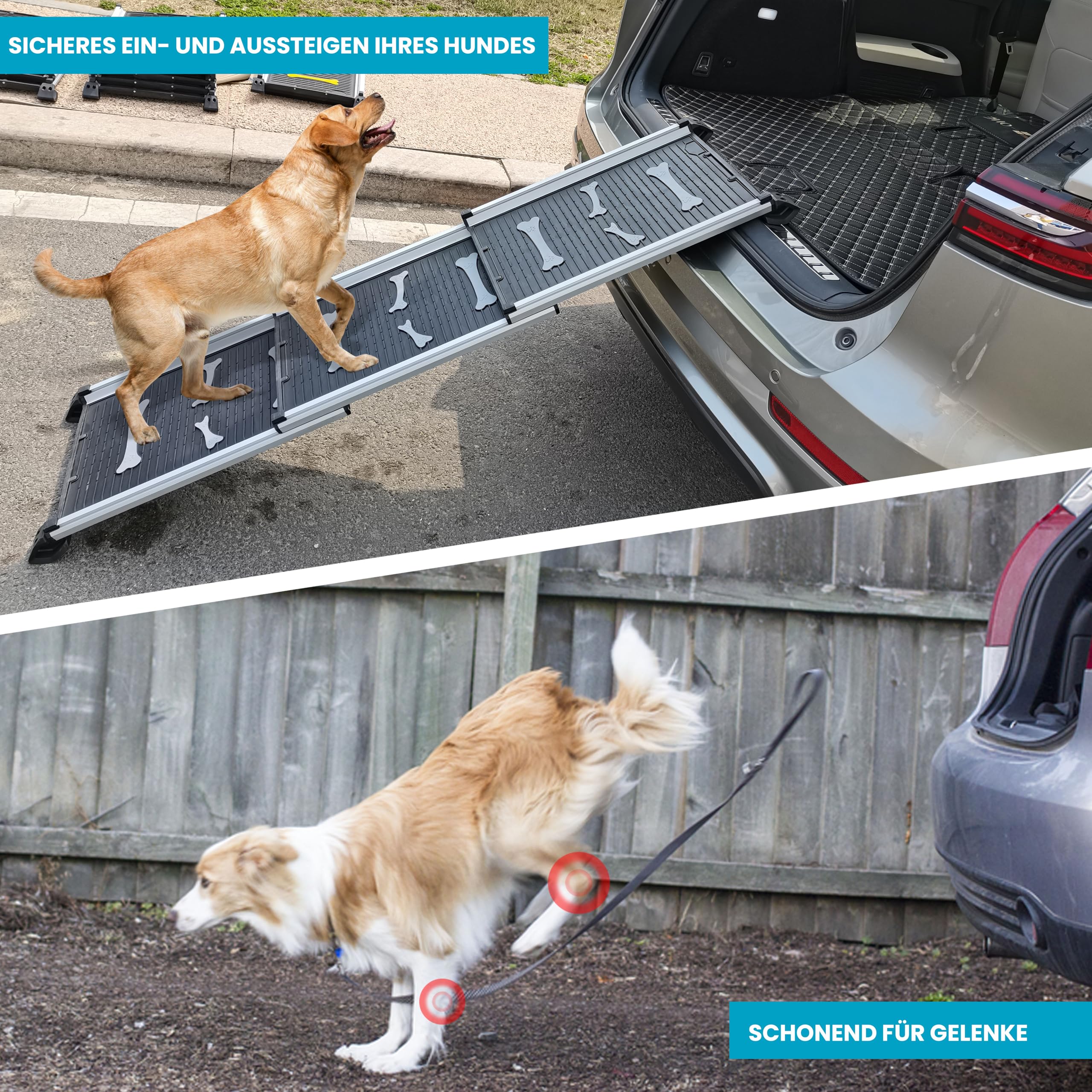 Teleskop-Hunderampe Auto-Hunderampe Hundeautorampe, Kofferraum | Auto-Kofferraumrampe für Haustiere, Autos, LKWs und SUVs Anti-Rutsch und klappbar Aus leichtem Aluminium Einstiegshilfe