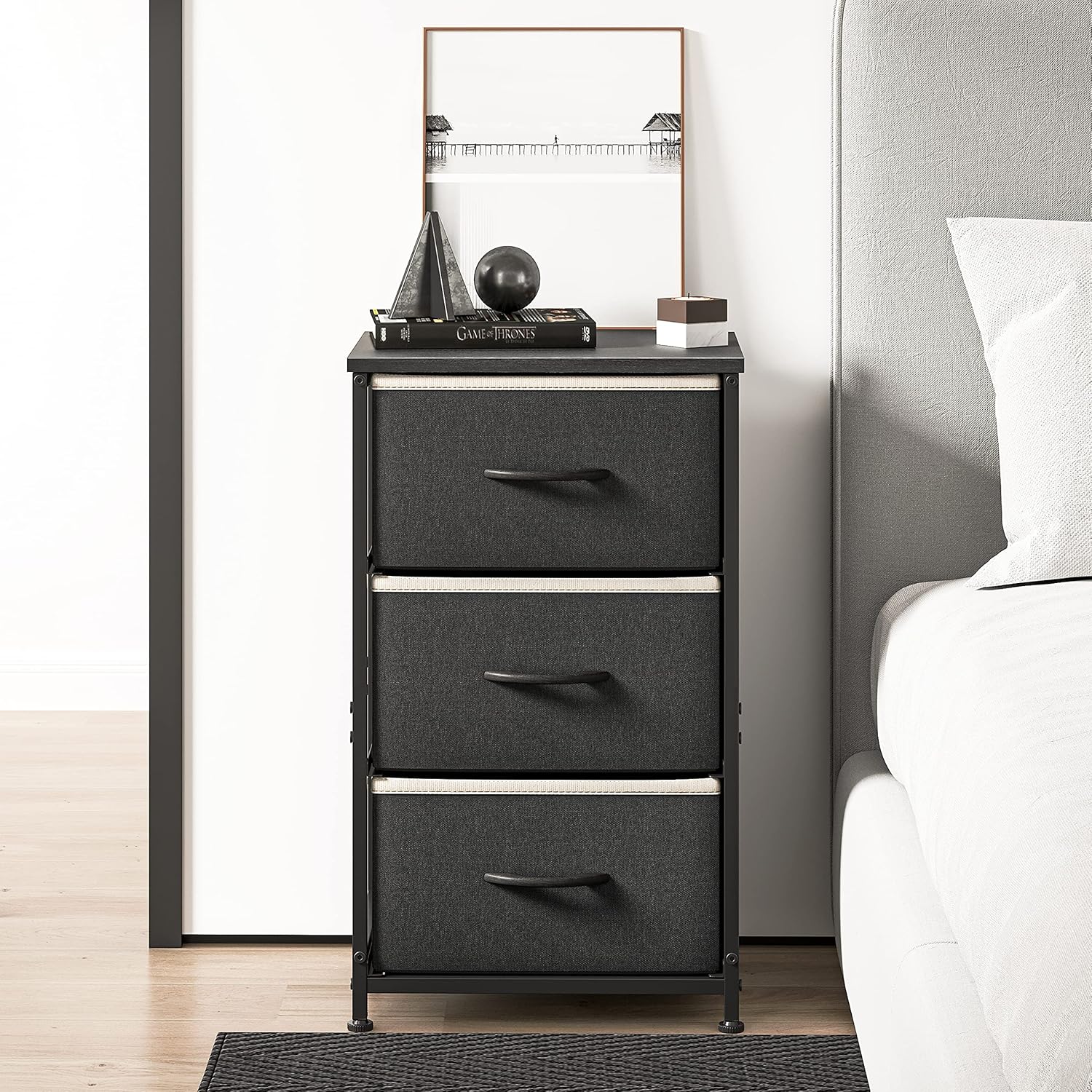 FEZIBO 3 Drawer Fabric Dresser Storage Tower, Organizer Unit for Bedroom, Closet, Entryway, Hallway, Nursery Room -Steel Frame, Wood Top, Easy Pull Handle-Black Grey with White Edge : Everything Else