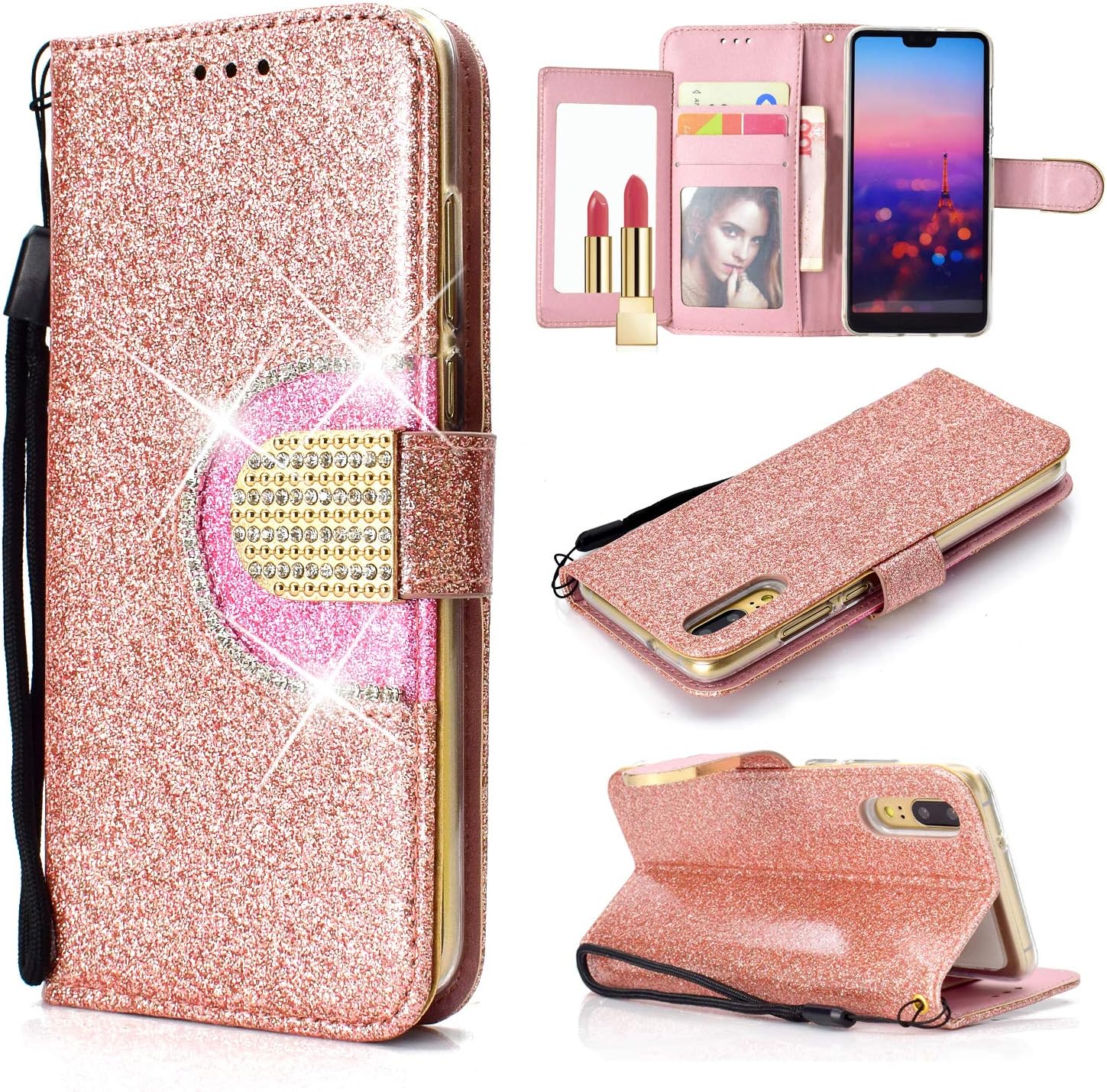 UEEBAI Wallet Flip Case for Huawei P20 Pro, Glitter Glossy PU Leather Cover Mirror [Diamond Buckle] [Card Slots] [Magnetic Clasp] Stand Function Rhinestone Strap Handbag Soft TPU Case - Rose Gold#2