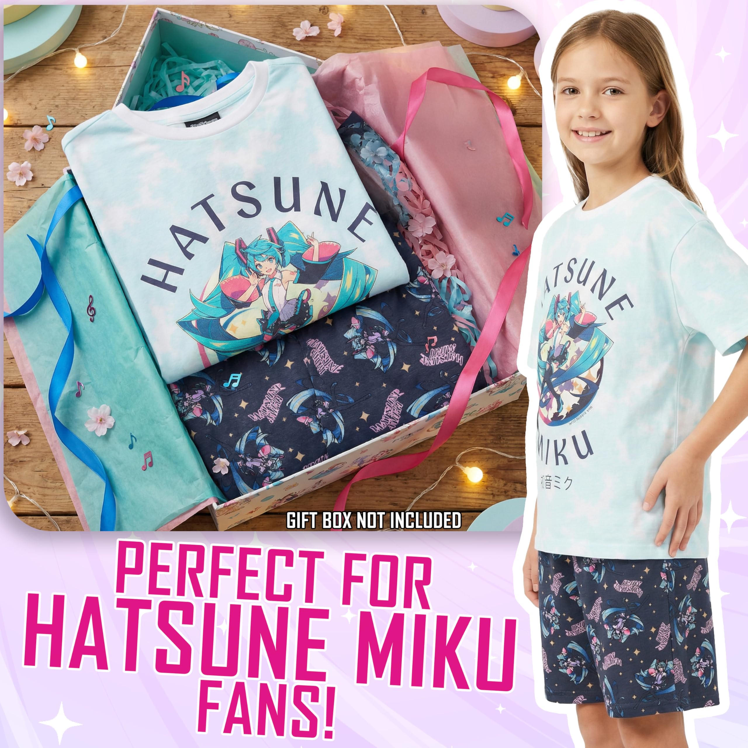 Get Trend Hatsune Miku dziewczęce zestawy piżamowe 7-16 lat, 2-częściowa koszulka z krótkim rękawem i szortami piżamowymi, prezent na lato dla dziewczynki