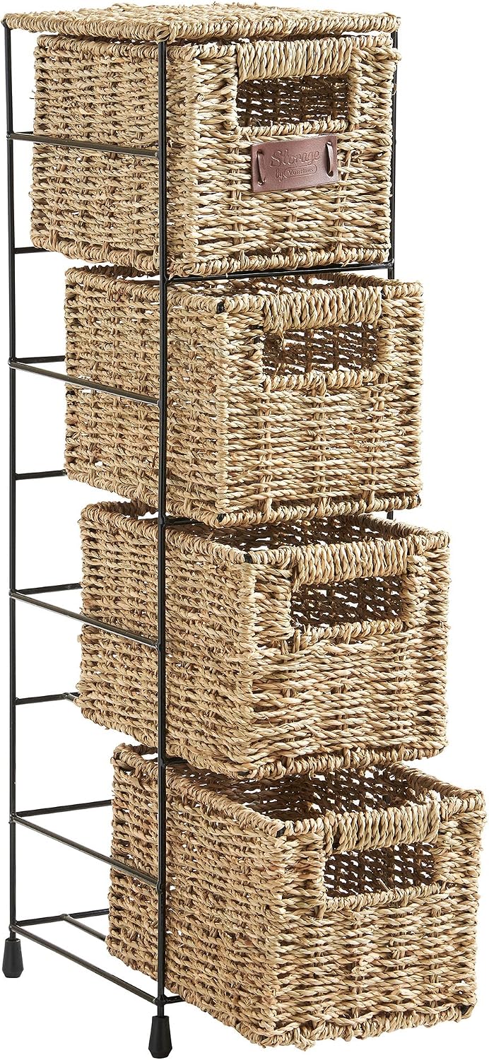 VonHaus 4 Tier Small Seagrass Basket Storage Tower Unit with Metal Frame - Ideal for Small Bathrooms & Home Storage (25.4 x 9.5 x 6.7)