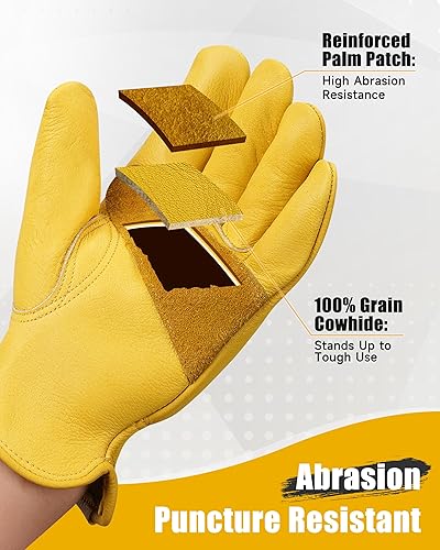Miniatura 2 de Guantes de trabajo de cuero para hombres y mujeres, guantes de jardinería reforzados y duraderos, guantes de trabajo de piel de vaca, resistentes a